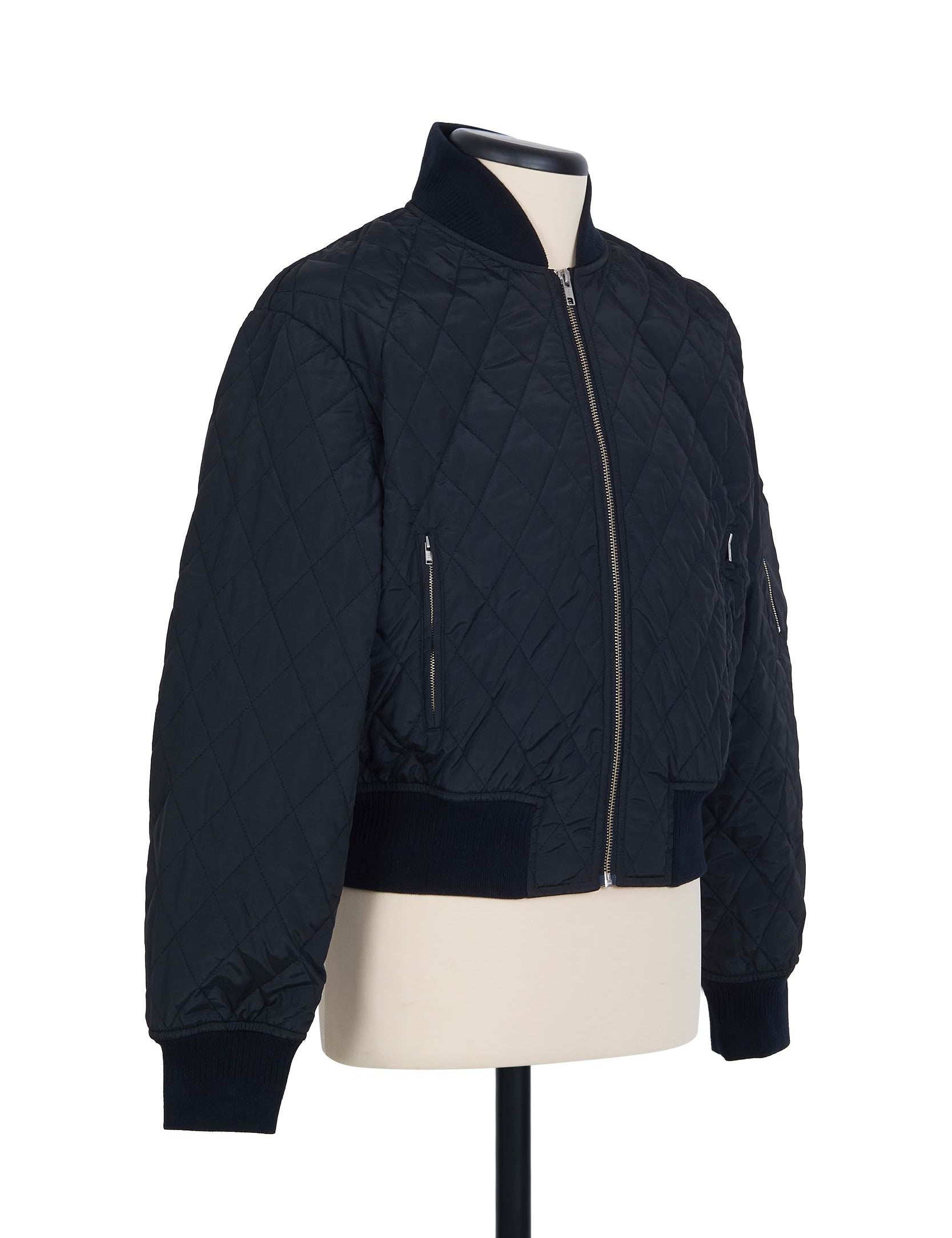 Black thermo‑quilted bomber by Random Identities. ribbed trims detail