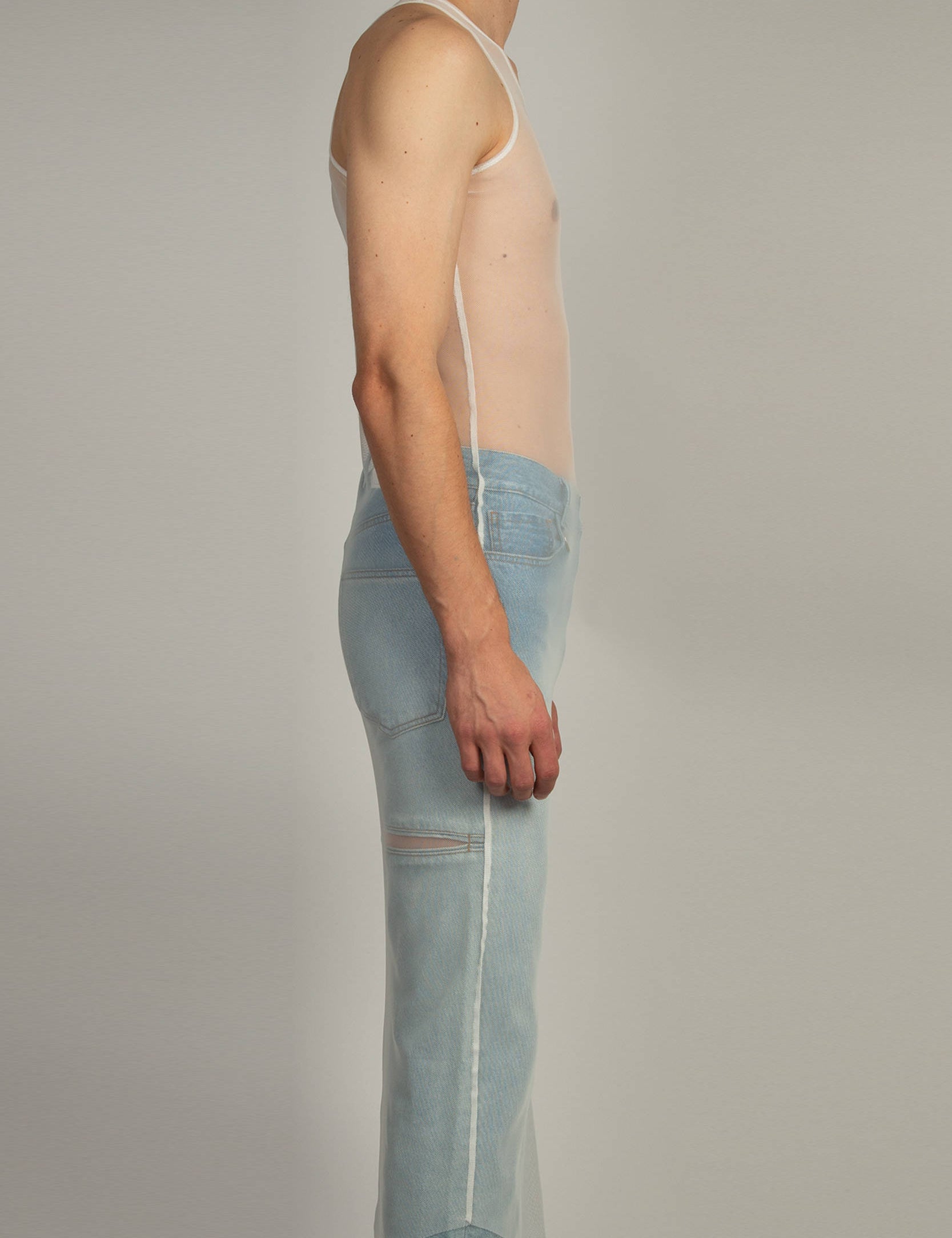 White mesh long tank top with racerback silhouette and raw edge hem