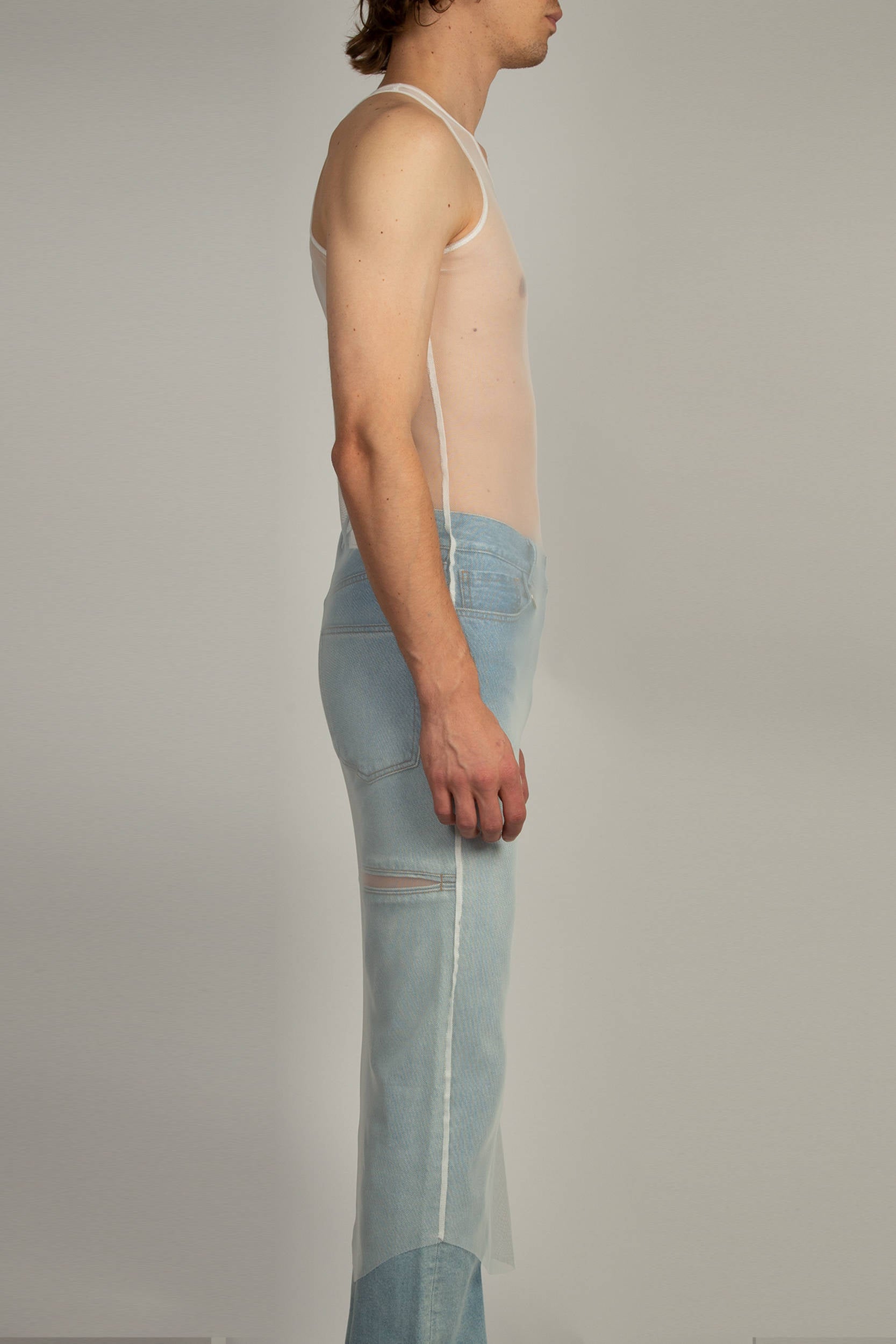 White mesh long tank top with racerback silhouette and raw edge hem