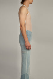 White mesh long tank top with racerback silhouette and raw edge hem