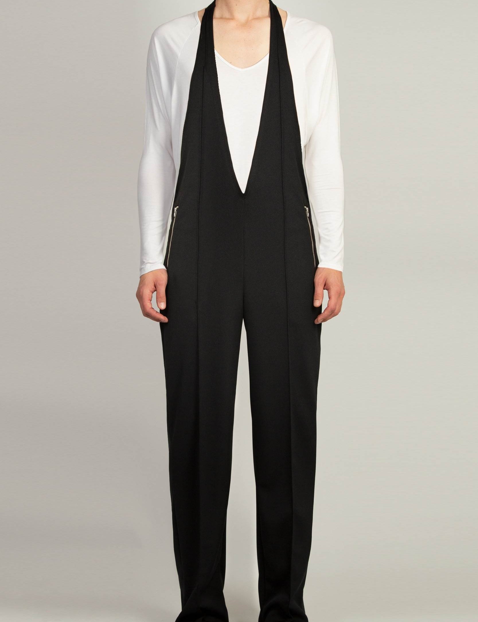 Random Identities Halter Neck Jumpsuit in Black with pin tuck detail and zip pockets