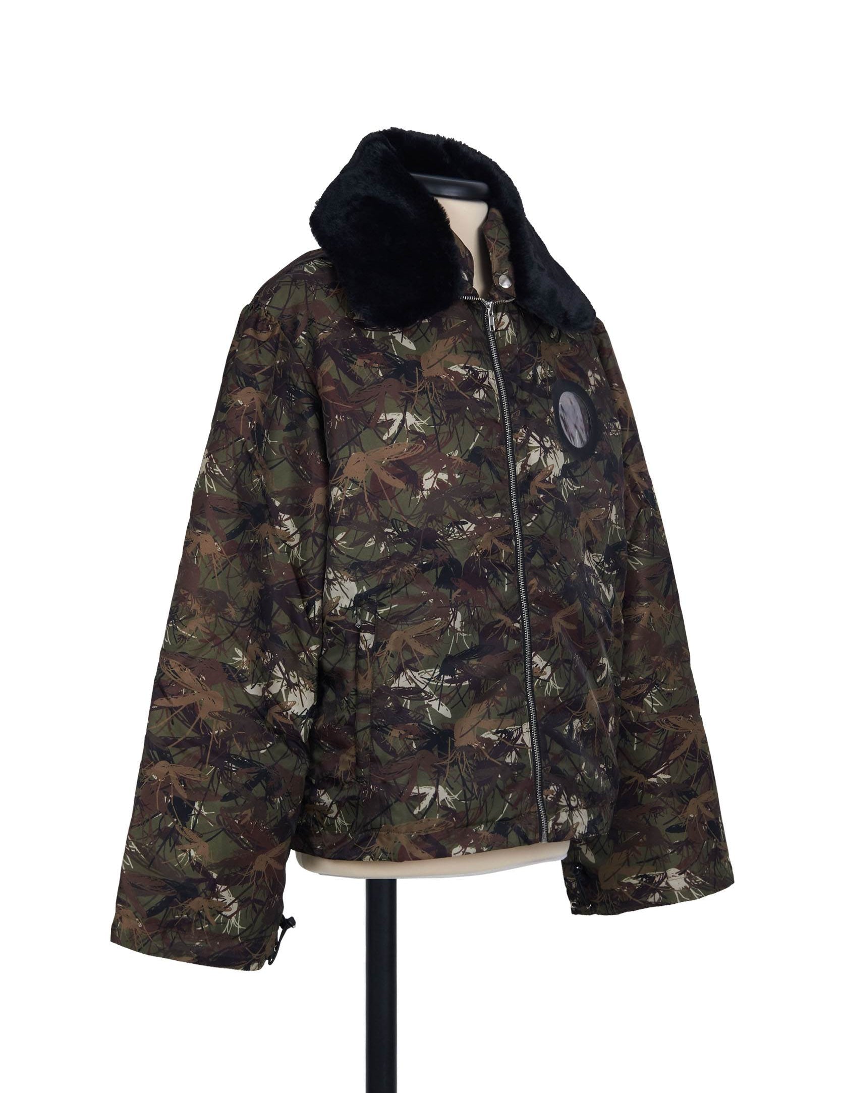 Camouflage nylon aviator jacket. gathered sleeve head, zip closure, internal pocket with transparent eyelet