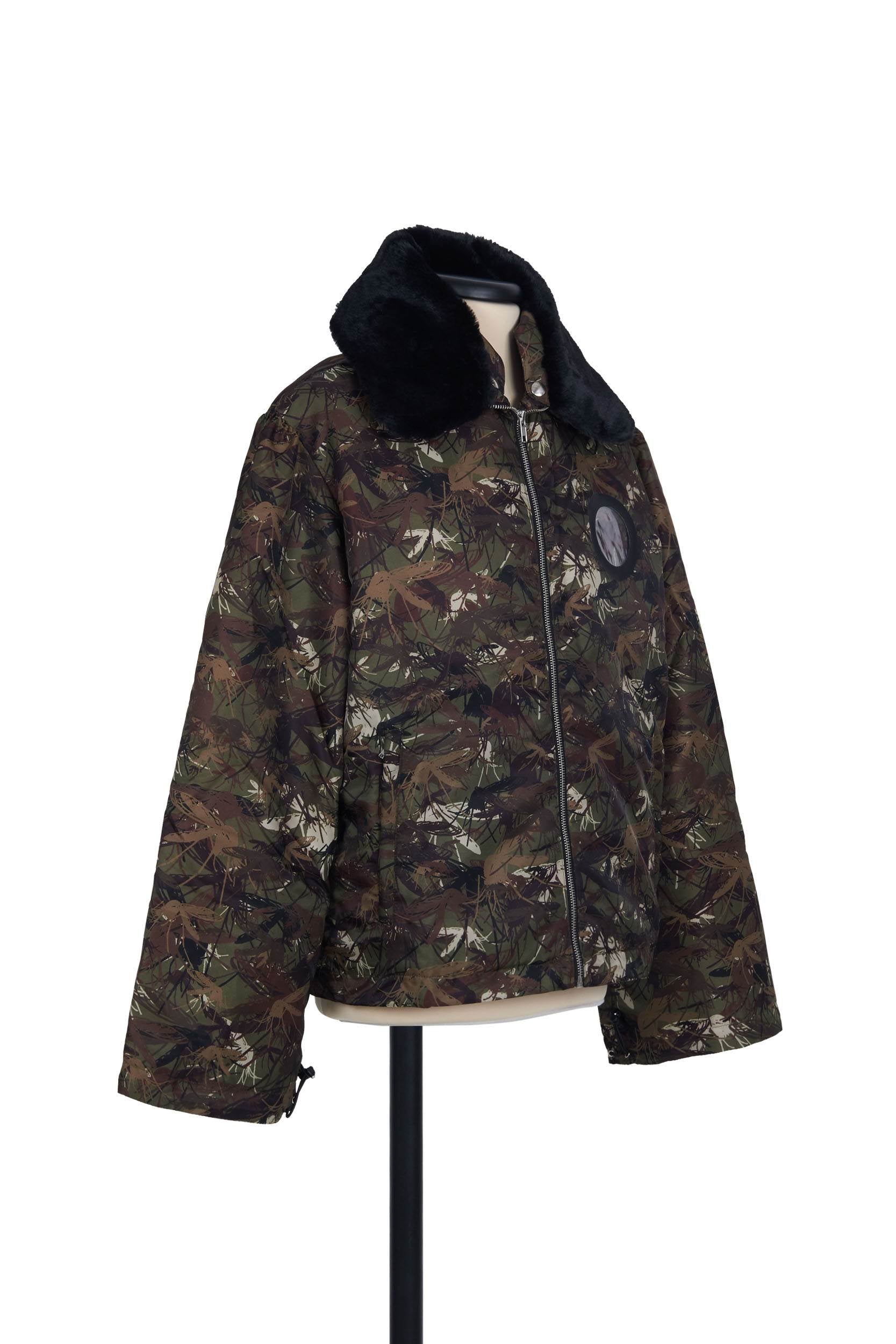 Camouflage nylon aviator jacket. gathered sleeve head, zip closure, internal pocket with transparent eyelet