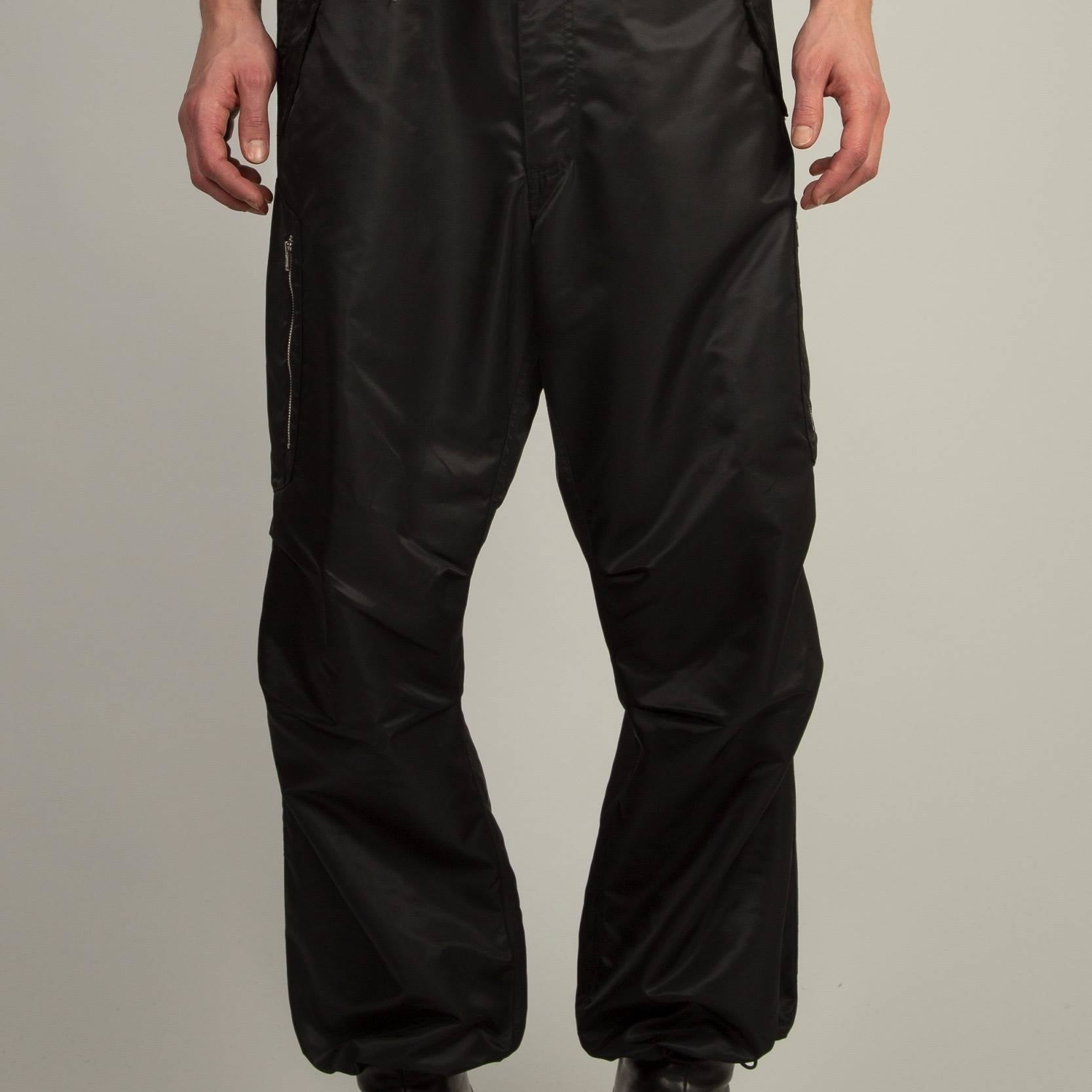 Random Identities Berlin Baggies in Black, relaxed fit nylon pant with coulisse at hem and waist and officer stripe detail