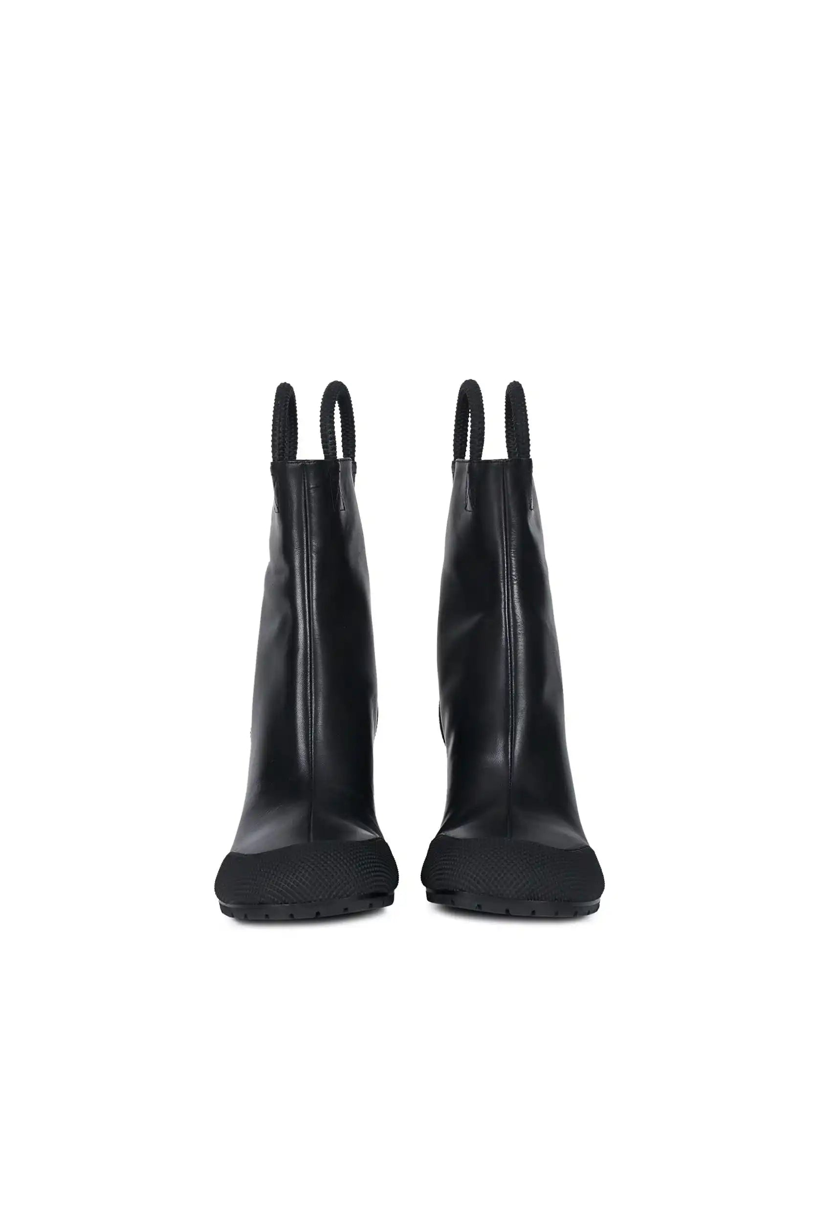 Black leather ankle Worker Boots featuring rubber toe cap and 9 cm heel