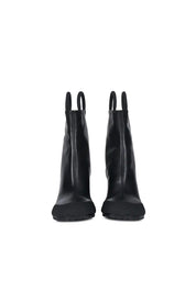 Black leather ankle Worker Boots featuring rubber toe cap and 9 cm heel