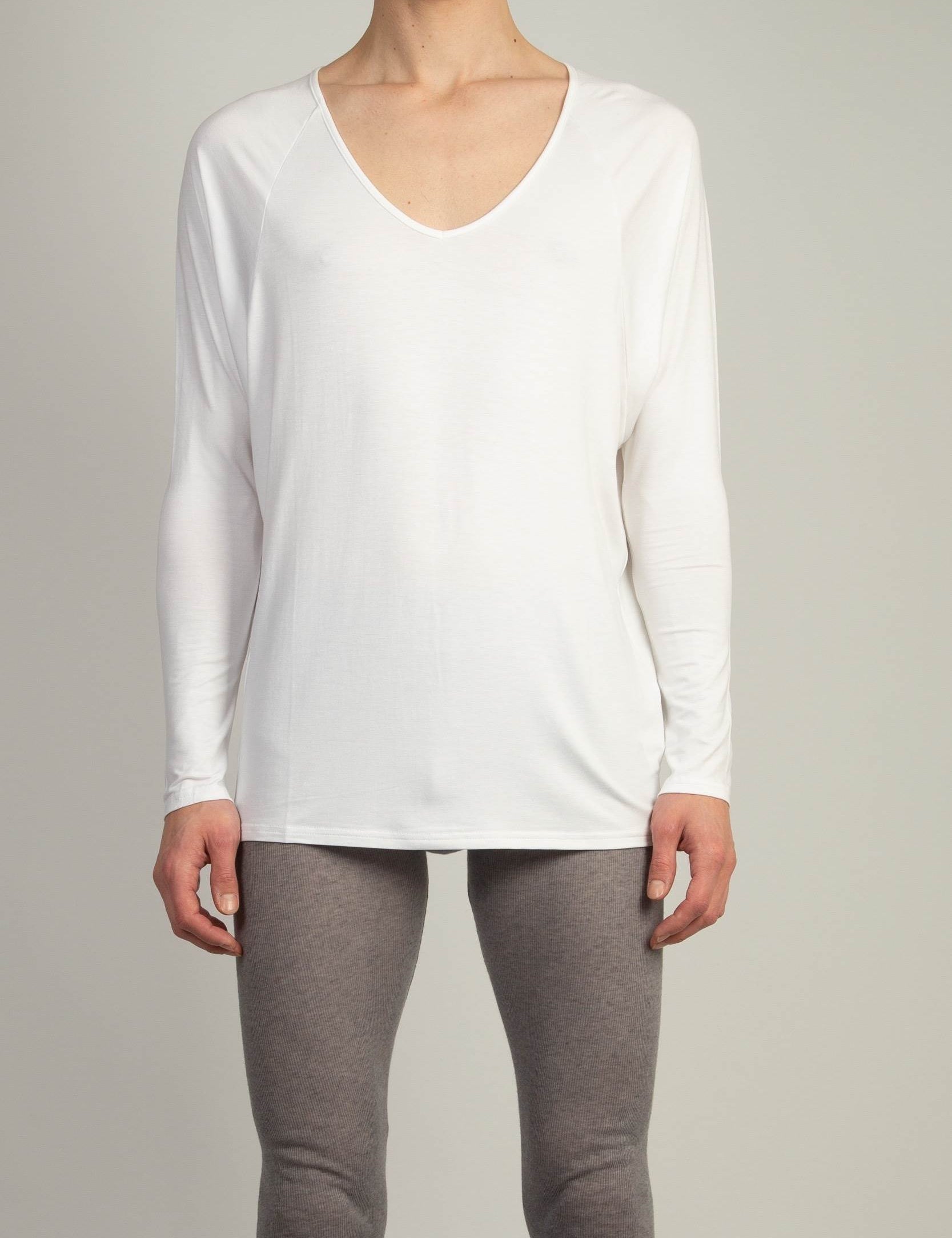 Random Identities Drapey V-Neck in White, long sleeve drapey jersey top with wide curved V-neck and raglan sleeves, front view