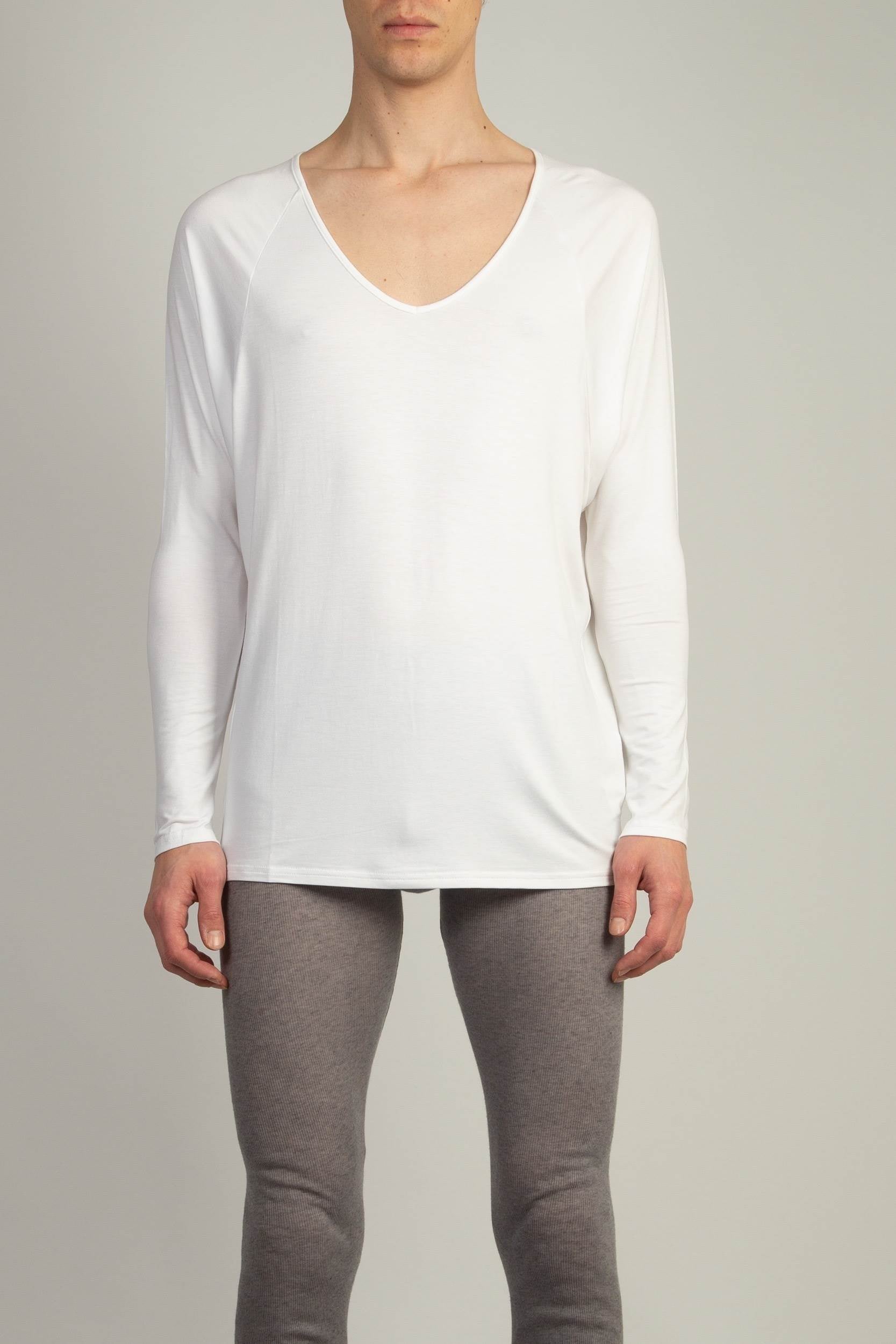 Random Identities Drapey V-Neck in White, long sleeve drapey jersey top with wide curved V-neck and raglan sleeves, front view