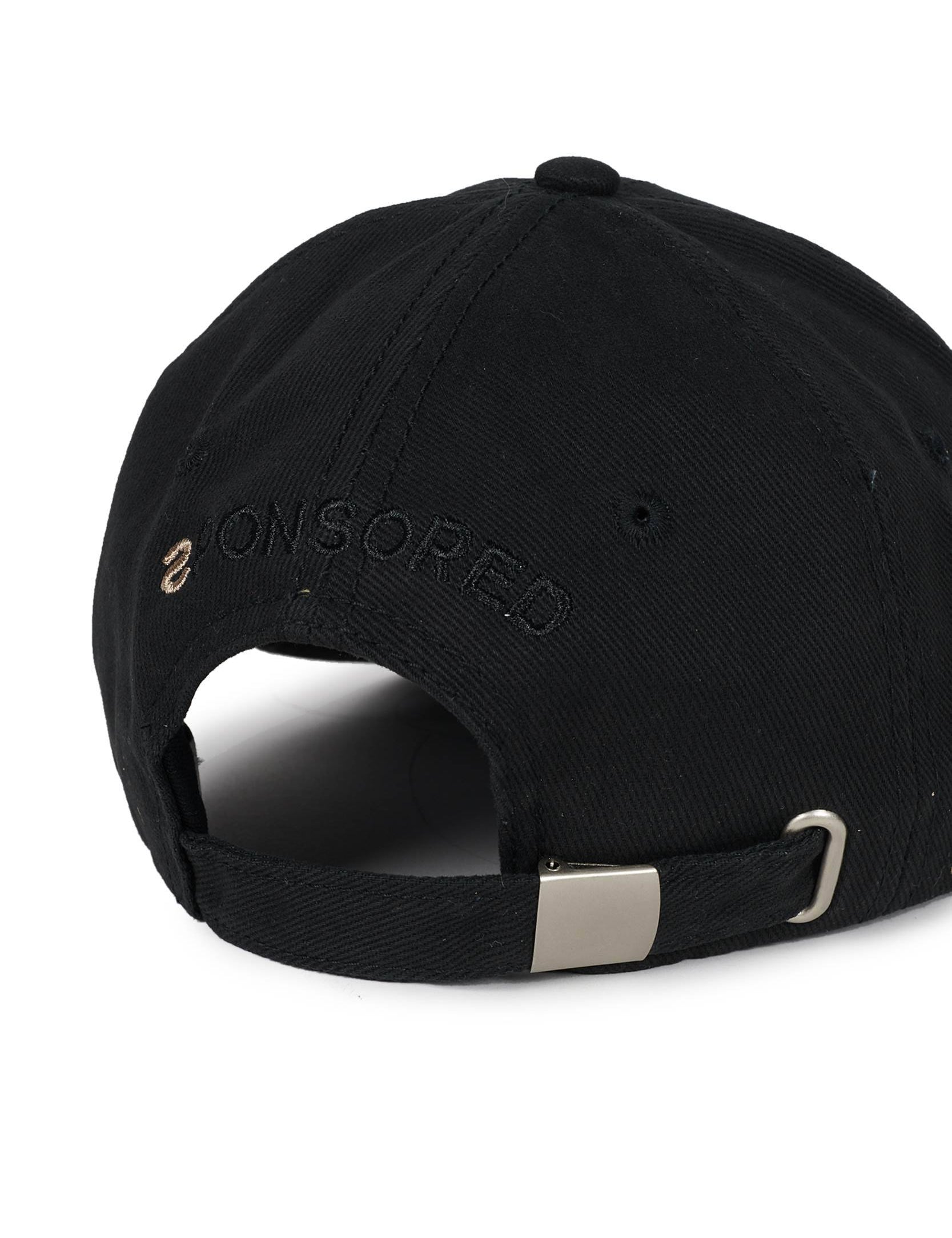Black cotton baseball cap with front and back embroidered details by Random Identities