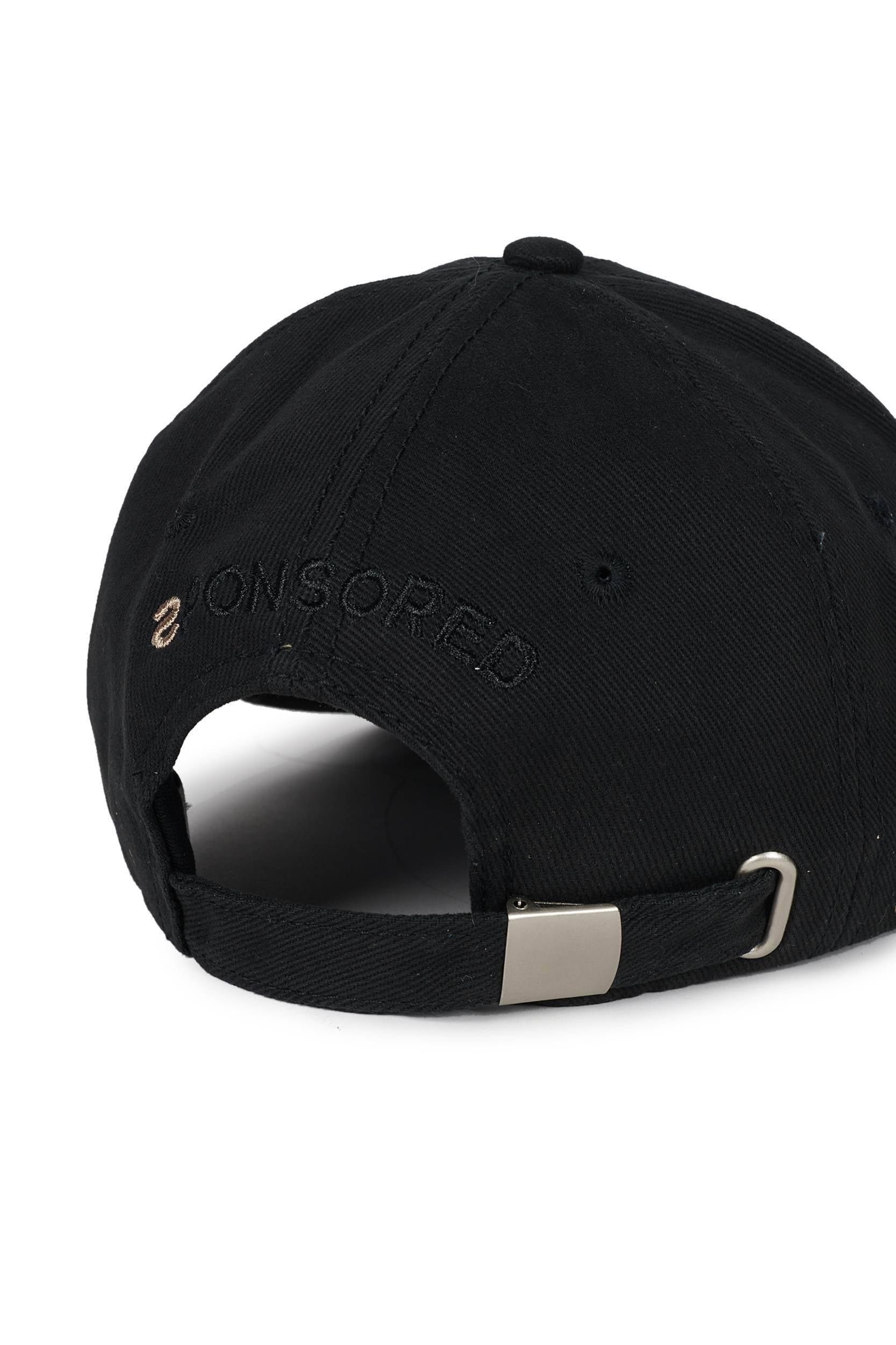 Black cotton baseball cap with front and back embroidered details by Random Identities