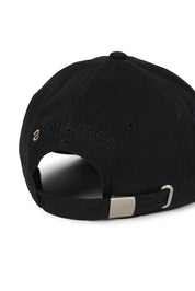 Black cotton baseball cap with front and back embroidered details by Random Identities