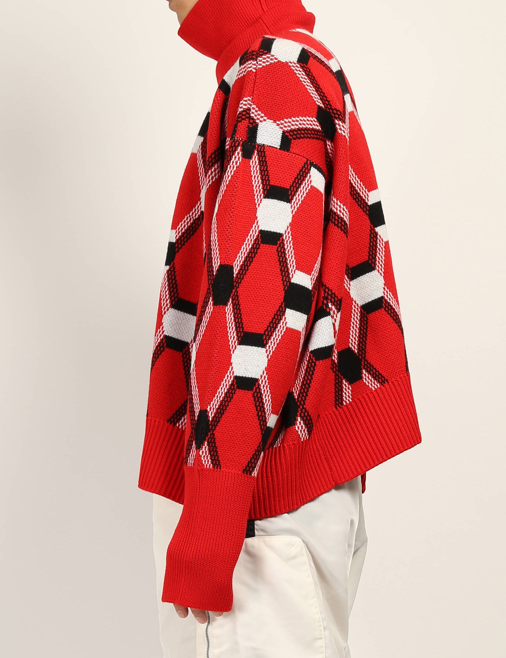 Red Roll Neck Jacquard Sweater by Random Identities featuring oversize fit and new argyle pattern, styled with tailored trousers