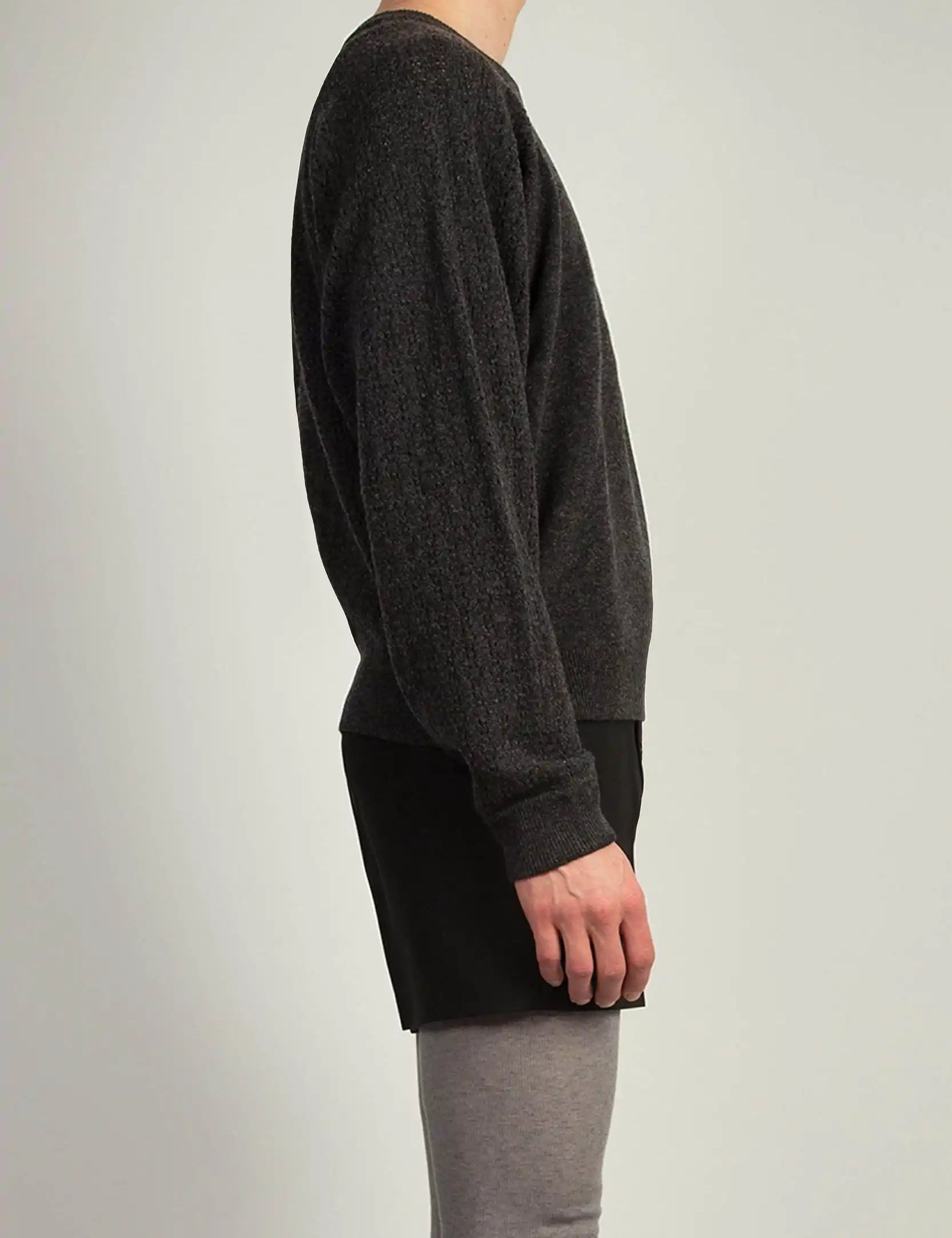 Grey high-collar crew-neck knit by Random Identities featuring side zips and minimalist finish