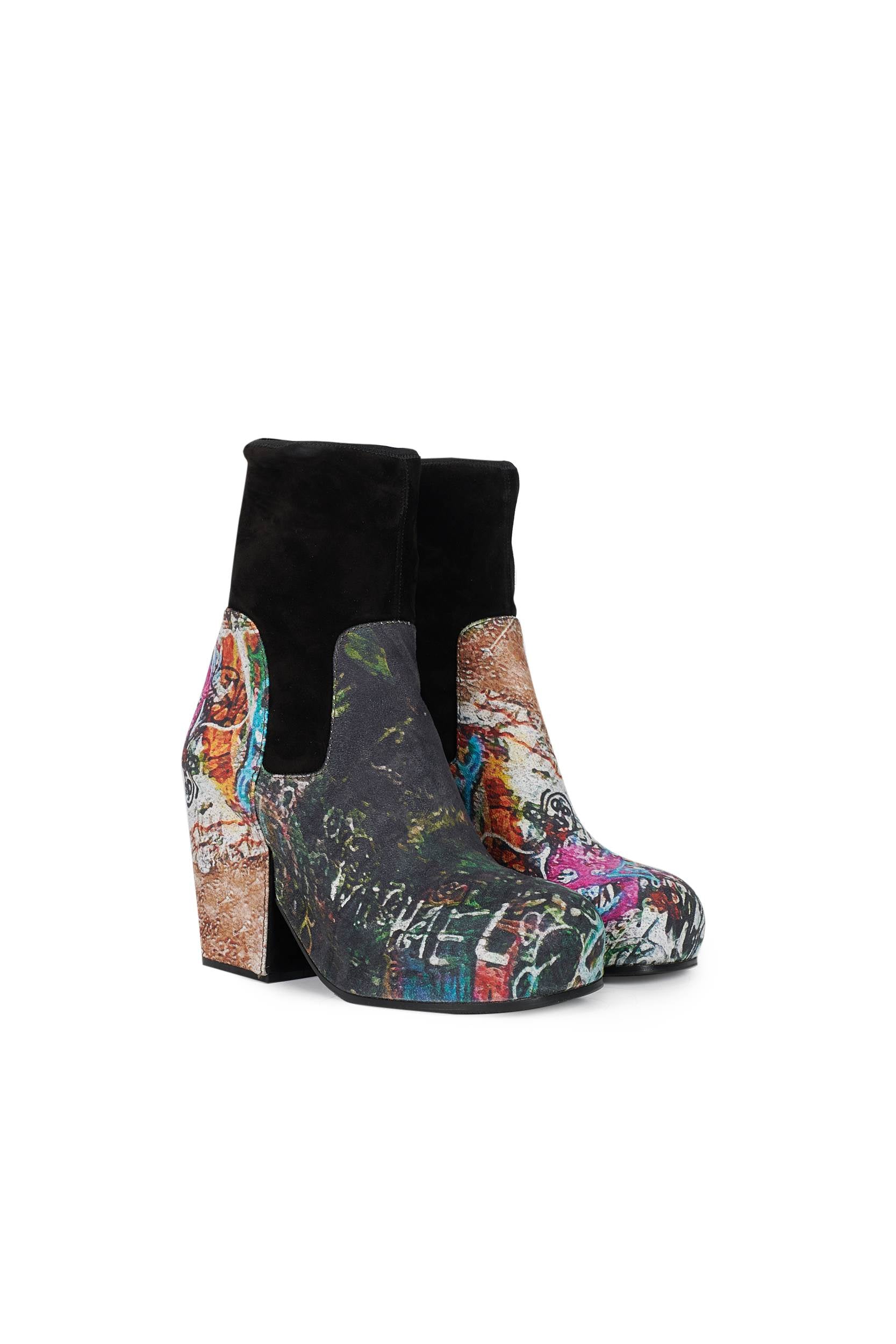 Random Identities suede Platform Boots. elasticated cuff detail and rubber sole in Graffiti Pattern