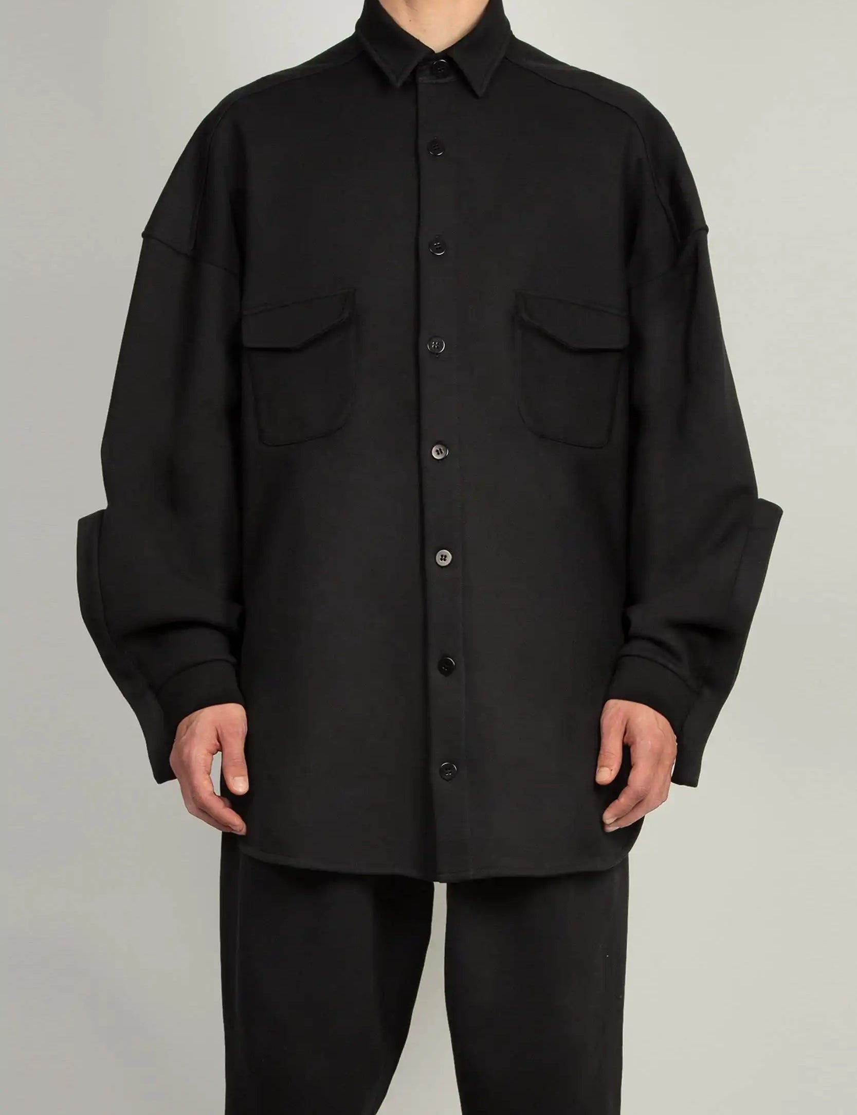 Random Identities Sweatshirt Over Shirt in Black with shirt collar and front closure