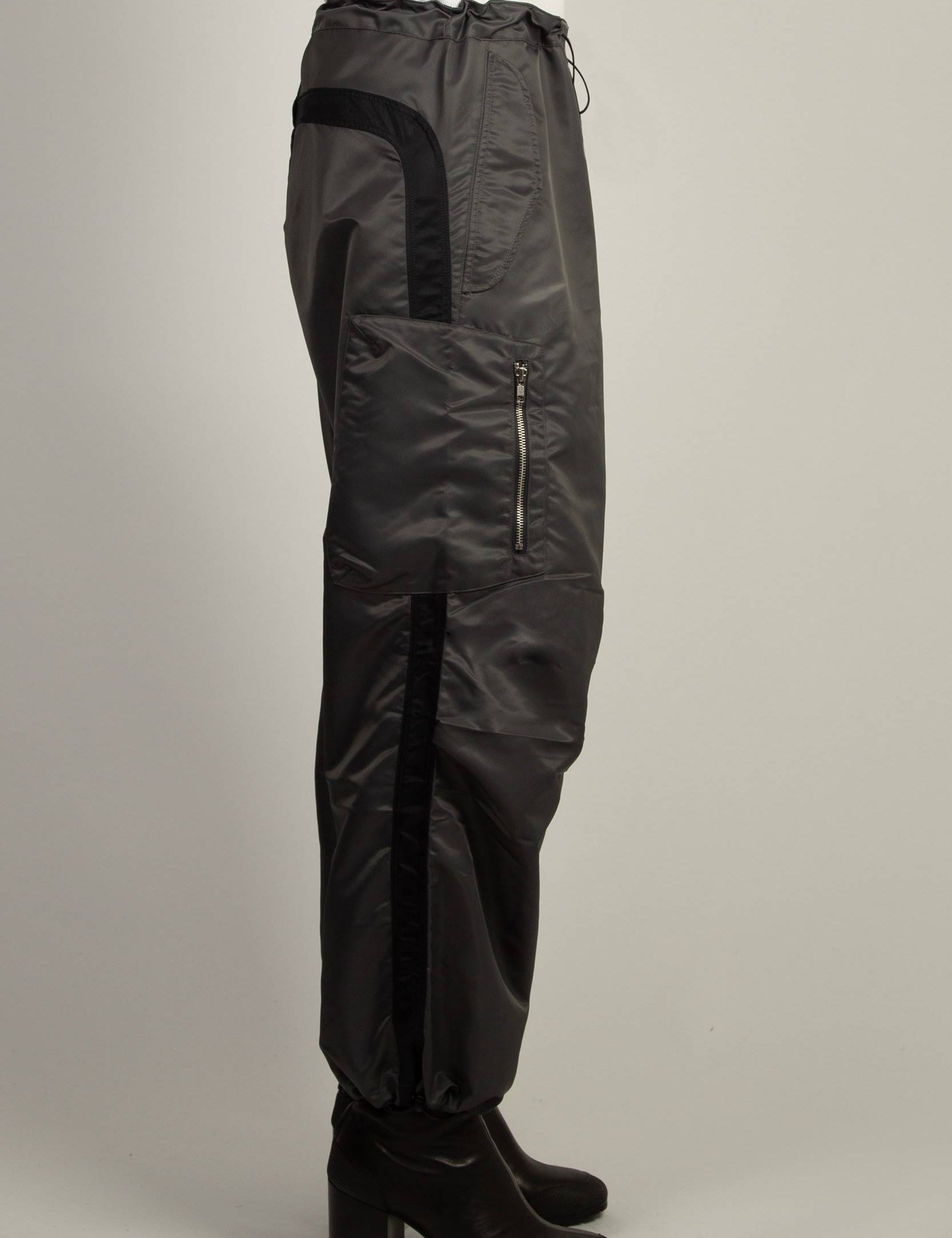 Grey nylon Berlin Baggies with zip patch pocket and center back zip