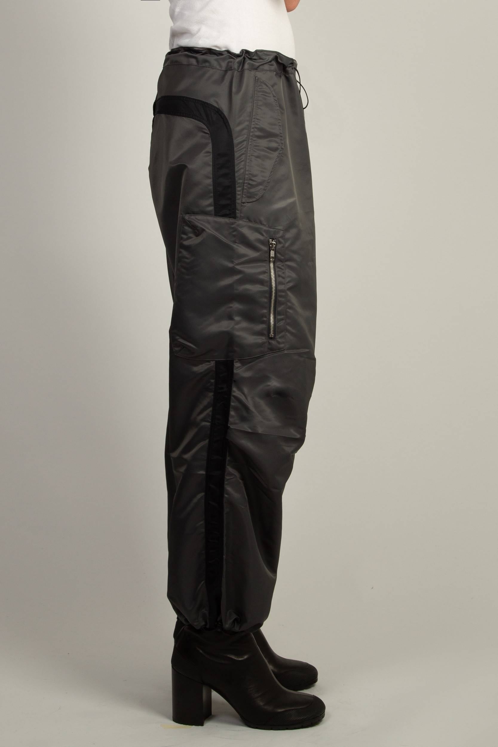 Grey nylon Berlin Baggies with zip patch pocket and center back zip