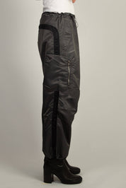 Grey nylon Berlin Baggies with zip patch pocket and center back zip