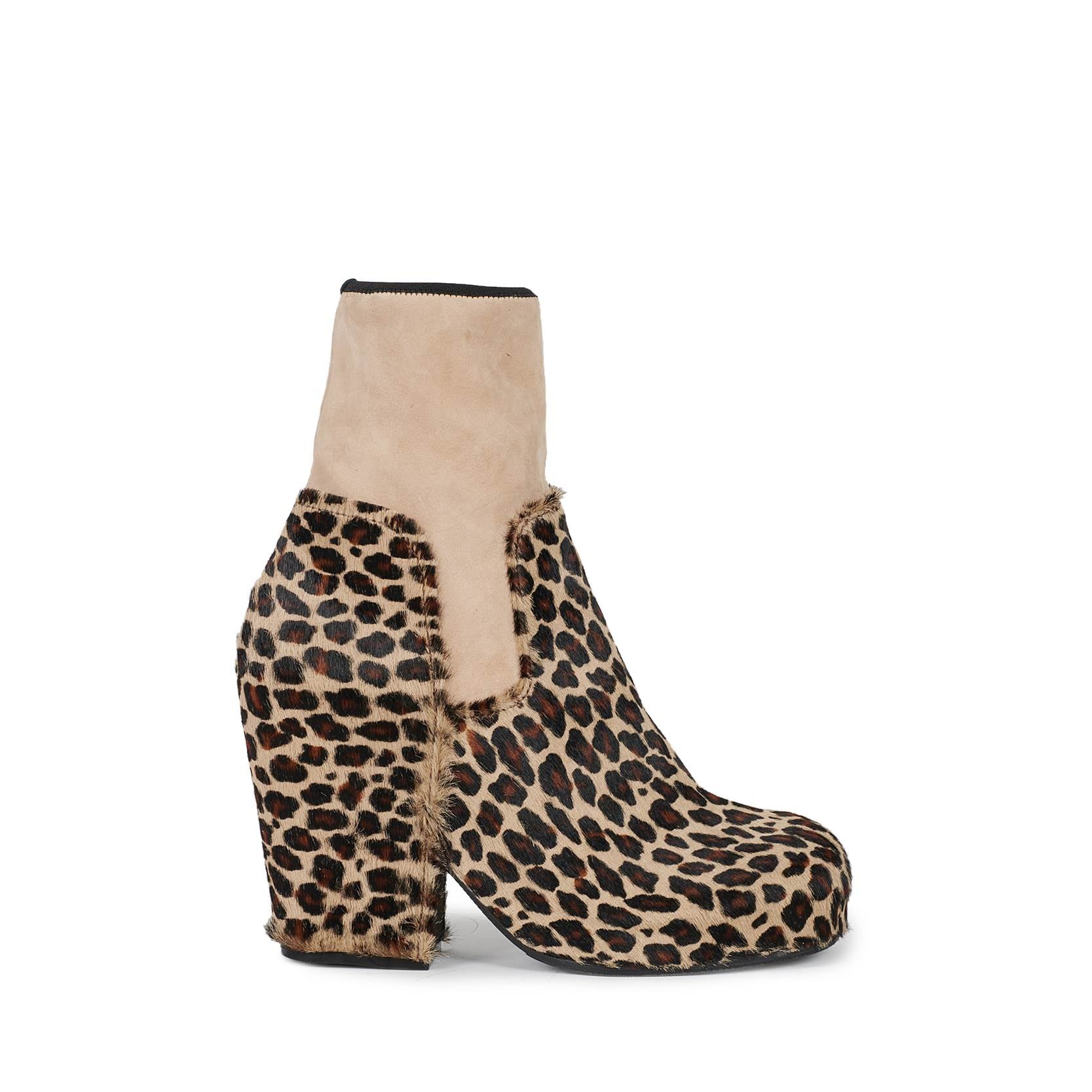Random Identities Platform Boots in Beige Leopard. calf suede with stretch suede ankle cuff and elasticated grosgrain