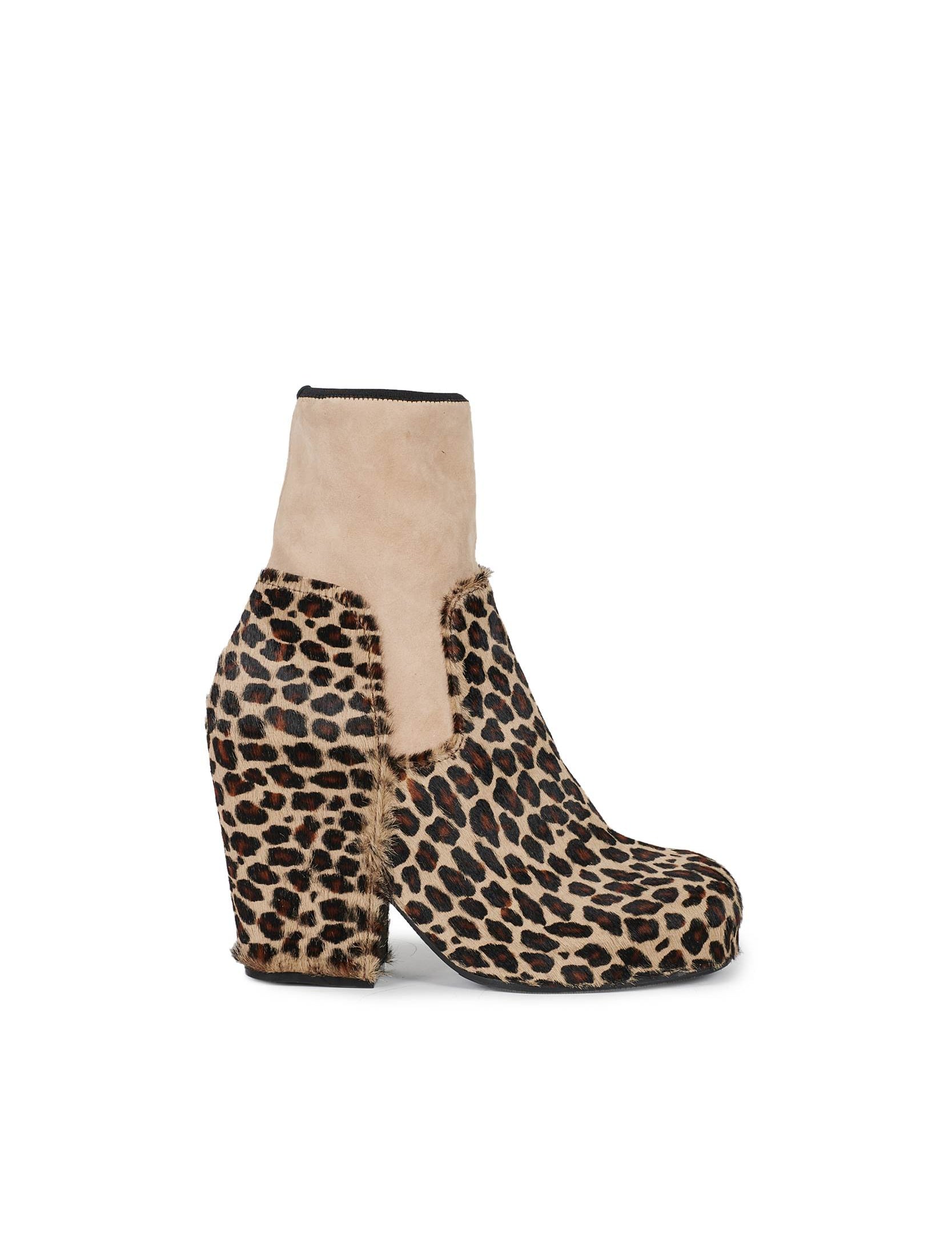 Random Identities Platform Boots in Beige Leopard. calf suede with stretch suede ankle cuff and elasticated grosgrain