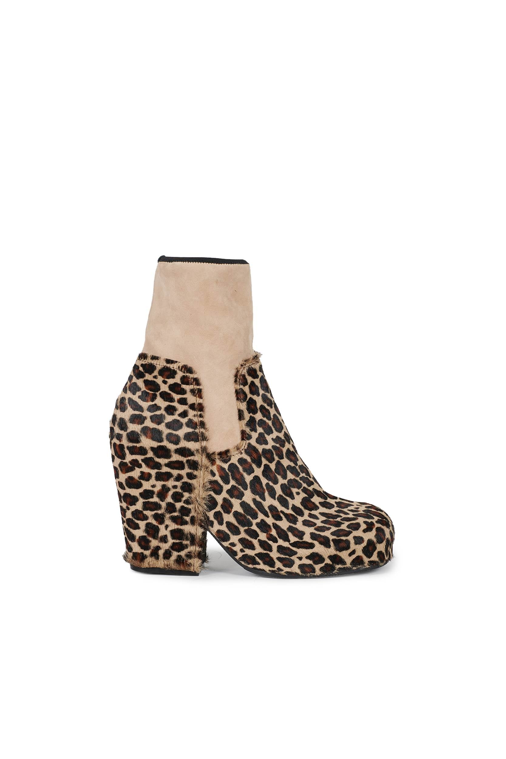Random Identities Platform Boots in Beige Leopard. calf suede with stretch suede ankle cuff and elasticated grosgrain