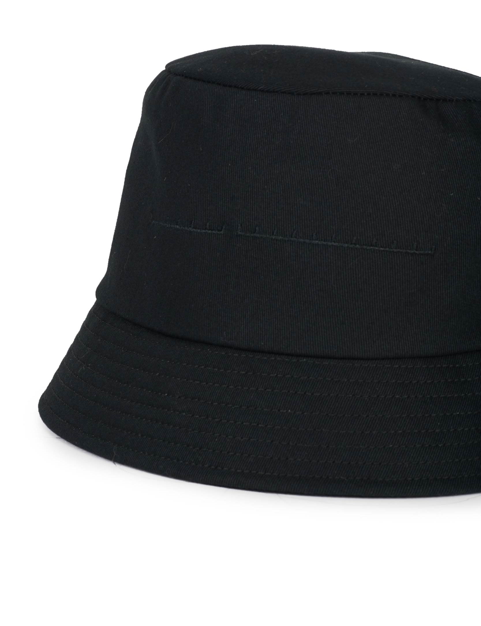 Black cotton bucket hat with stitching details and compact brim