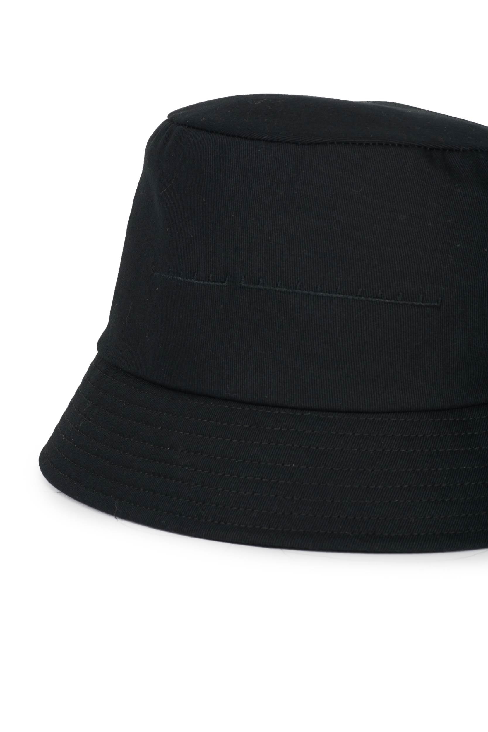 Black cotton bucket hat with stitching details and compact brim