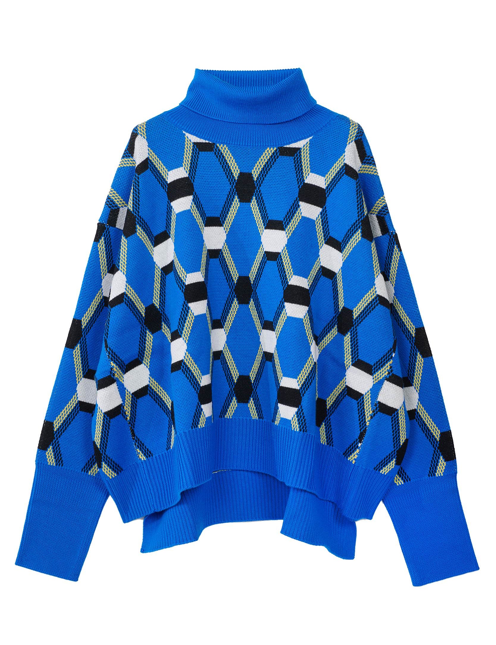 Random Identities Roll Neck Jacquard Sweater in Blue, oversize mid-gauge roll neck with four-colour argyle jacquard, front view