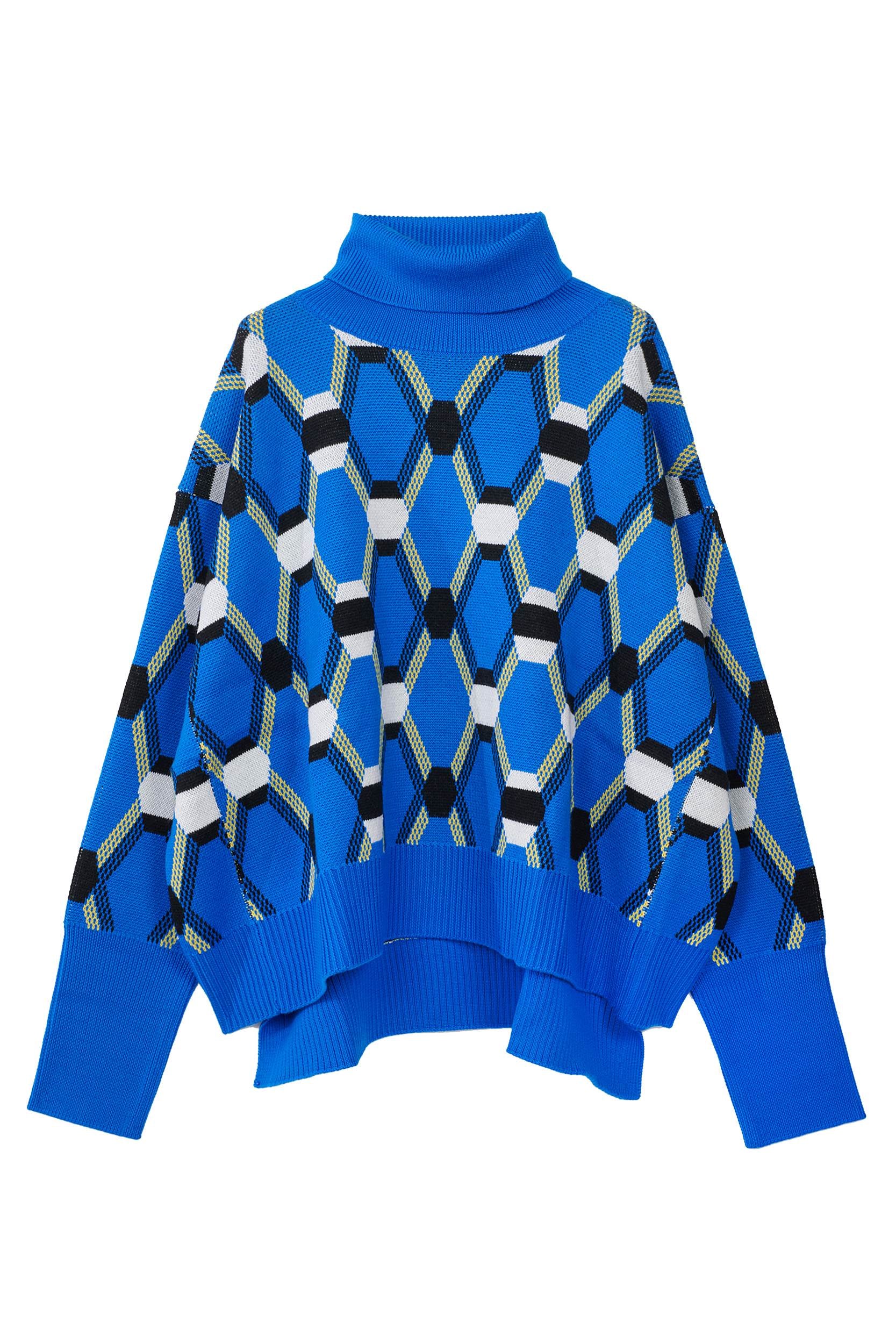 Random Identities Roll Neck Jacquard Sweater in Blue, oversize mid-gauge roll neck with four-colour argyle jacquard, front view