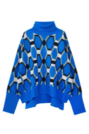 Random Identities Roll Neck Jacquard Sweater in Blue, oversize mid-gauge roll neck with four-colour argyle jacquard, front view