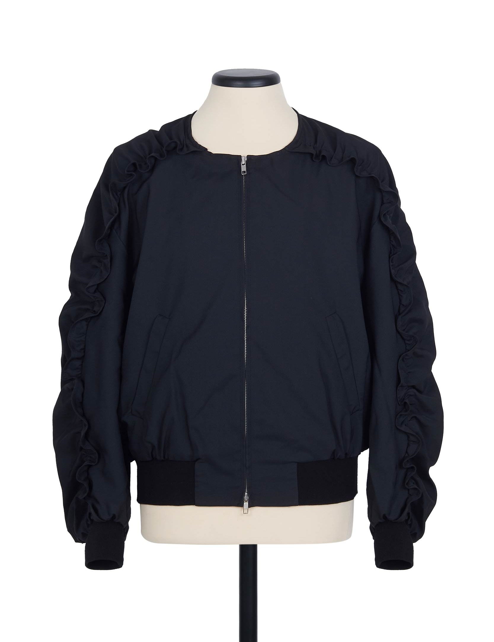 Random Identities Bomber With Ruffled Sleeve in Black with ruffled sleeve stitching, press button pockets and rib trims