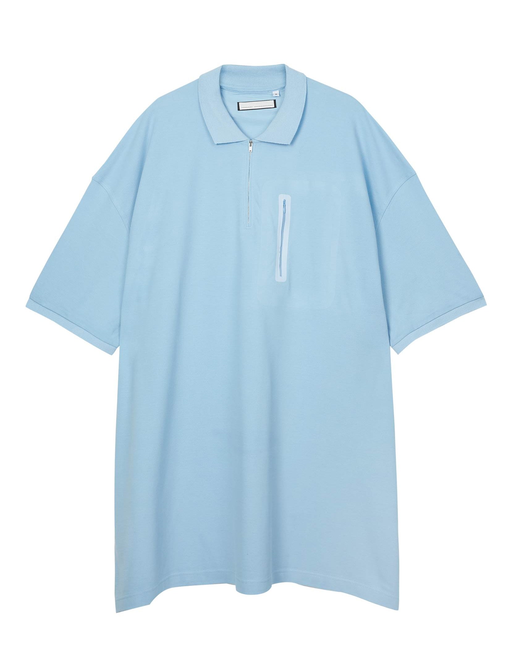 Random Identities Maxi Polo in Sky Blue. maxi-fit piqué polo with covered zip opening, flat-knit collar and zip chest pocket