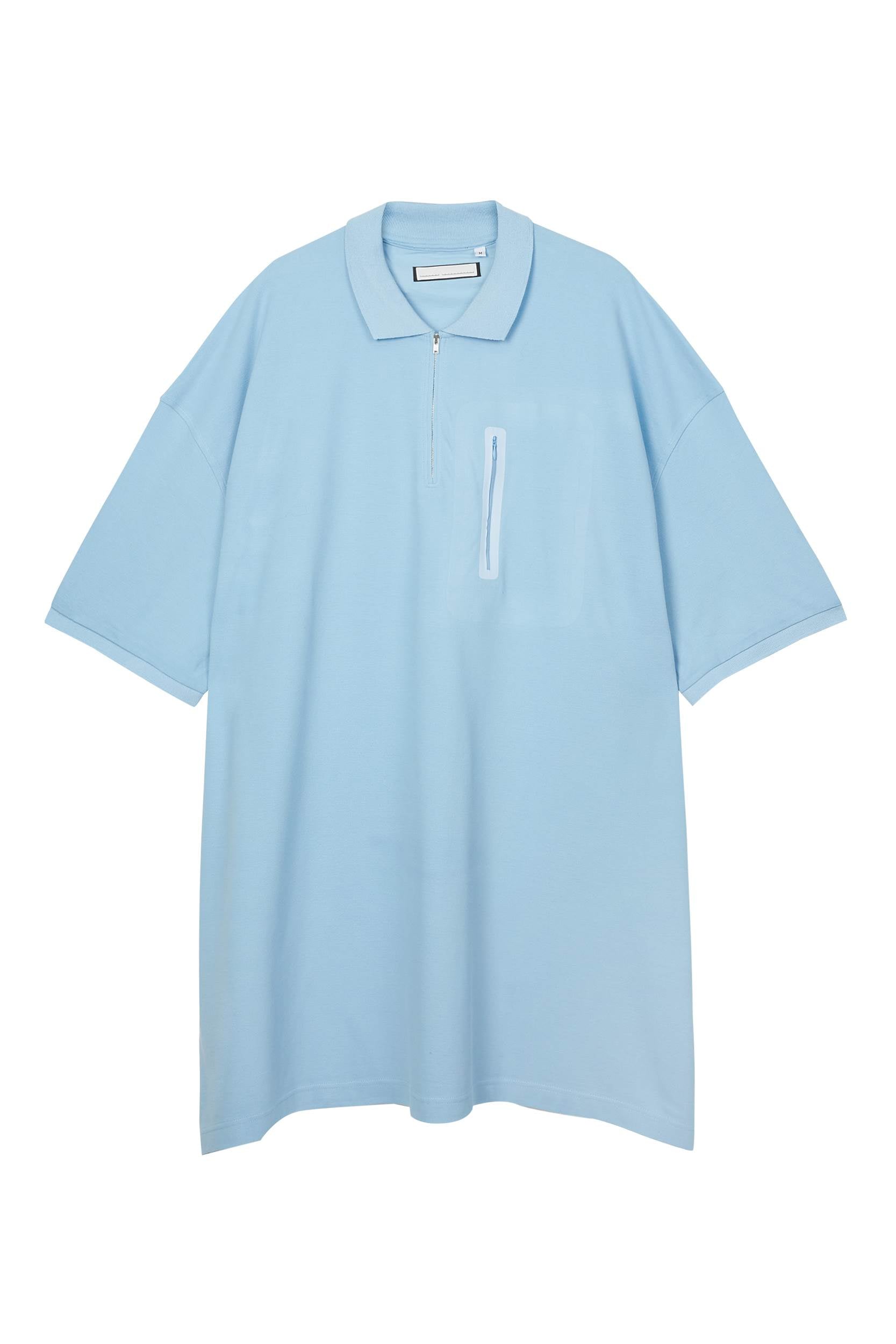 Random Identities Maxi Polo in Sky Blue. maxi-fit piqué polo with covered zip opening, flat-knit collar and zip chest pocket