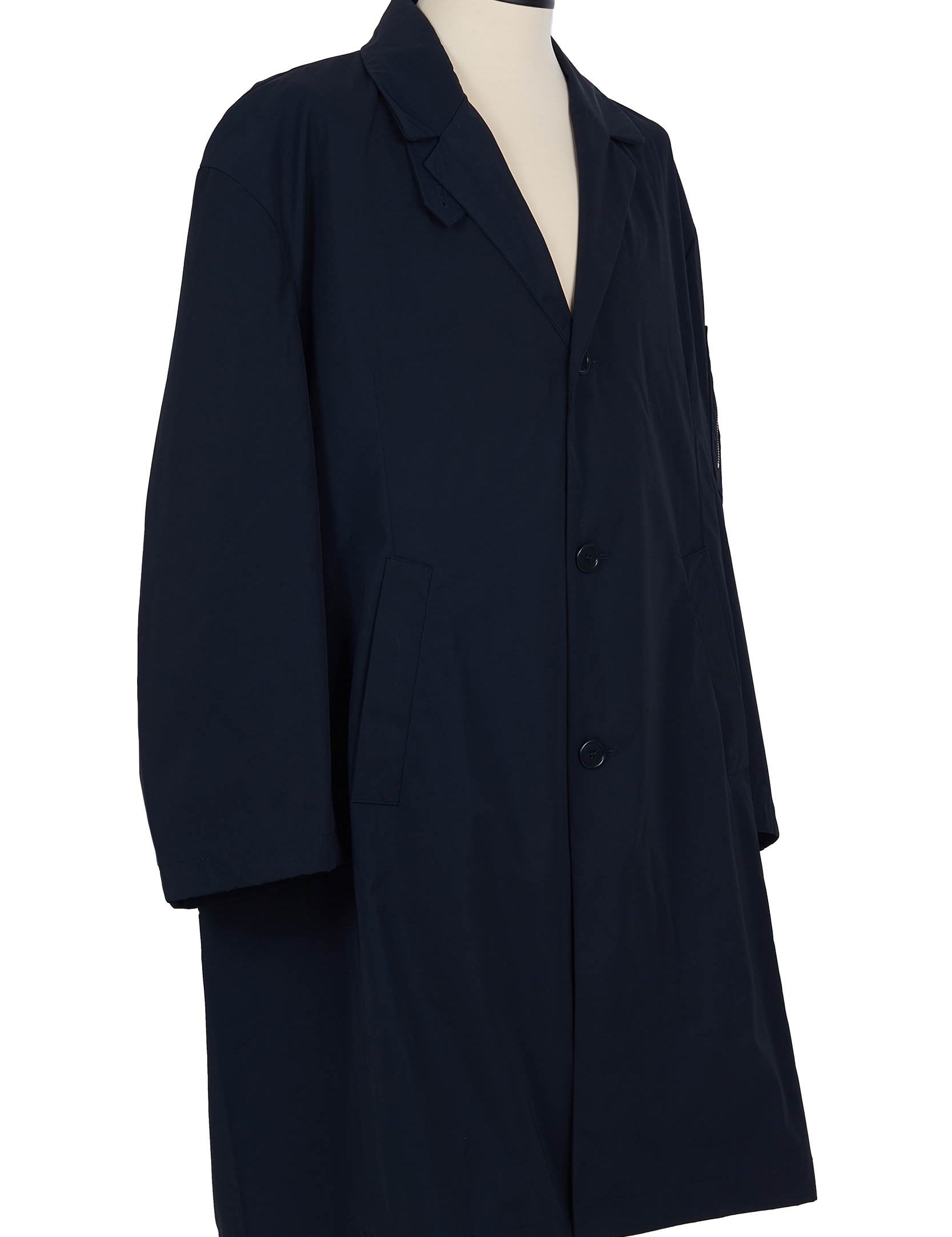 Navy compact gabardine car coat. oversized fit with elasticated sleeves by Random Identities