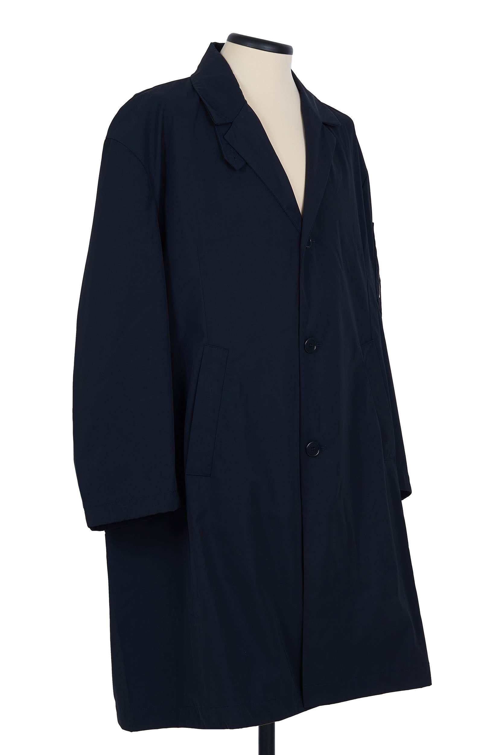 Navy compact gabardine car coat. oversized fit with elasticated sleeves by Random Identities