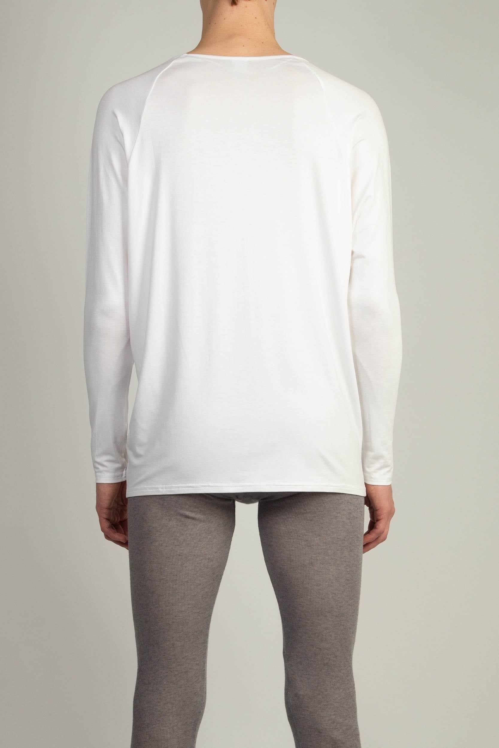 Back and side view of White Drapey V-Neck by Random Identities showing raglan sleeves and fluid drape