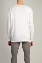 Back and side view of White Drapey V-Neck by Random Identities showing raglan sleeves and fluid drape