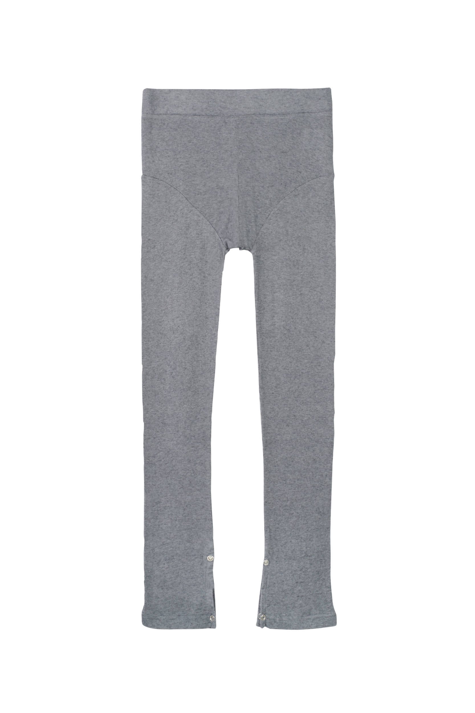 Random Identities Rib Leggings in Grey, super soft fine ribbed jersey leggings with cuff split and press button fastening, front view