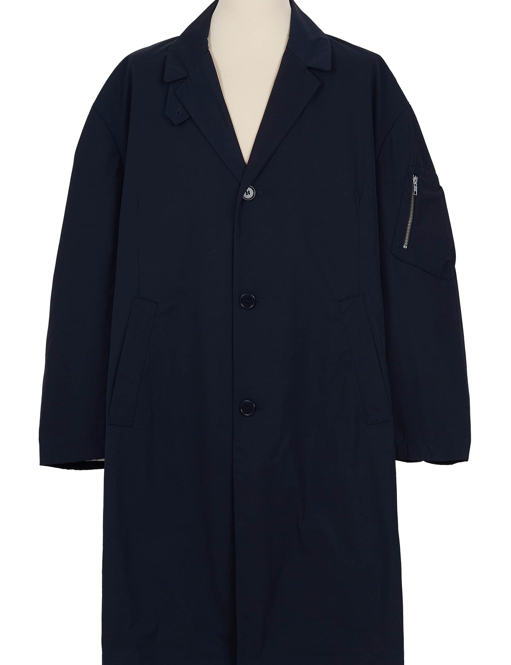 Random Identities Car Coat in Navy. compact gabardine, oversized silhouette, elasticated sleeve details