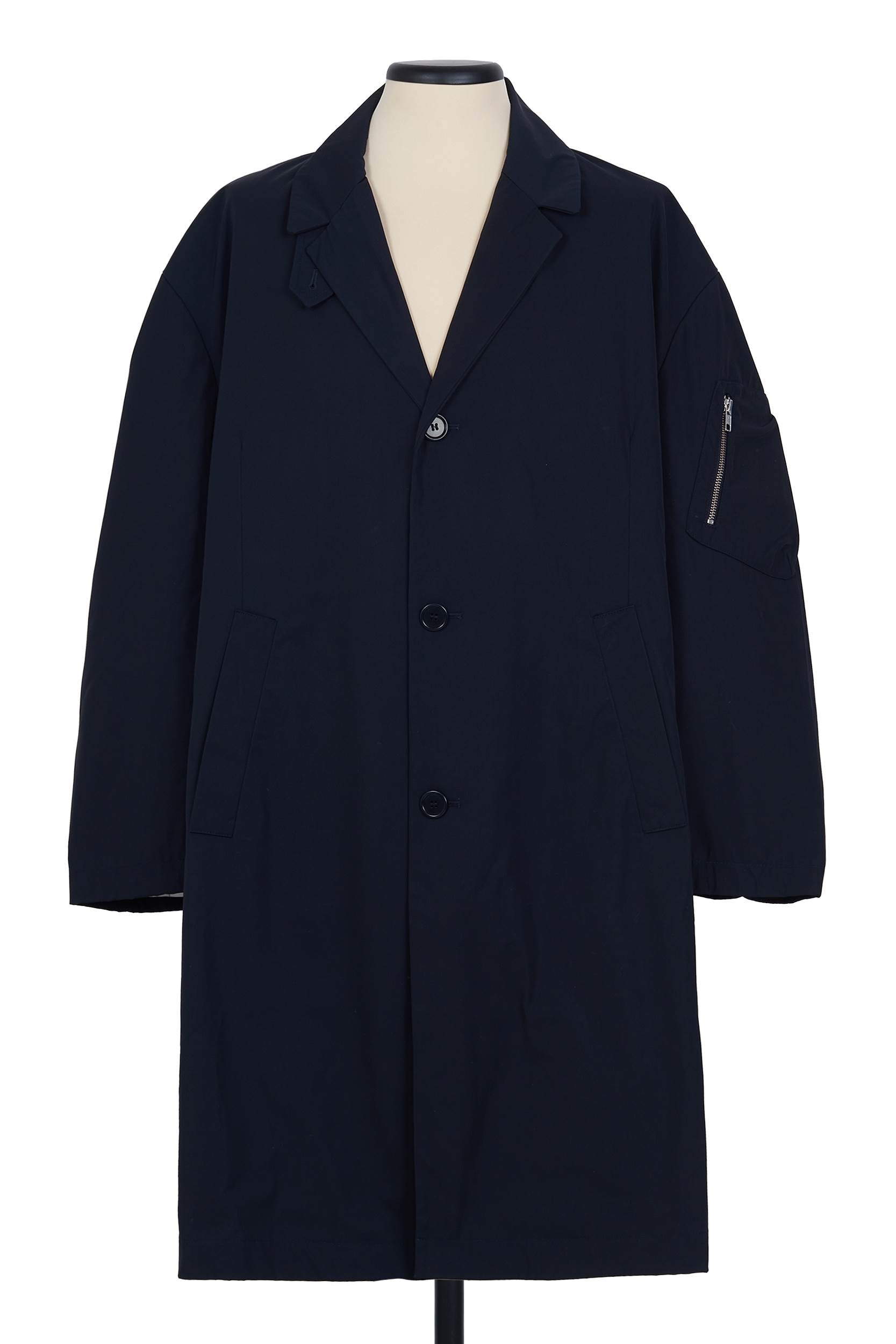 Random Identities Car Coat in Navy. compact gabardine, oversized silhouette, elasticated sleeve details