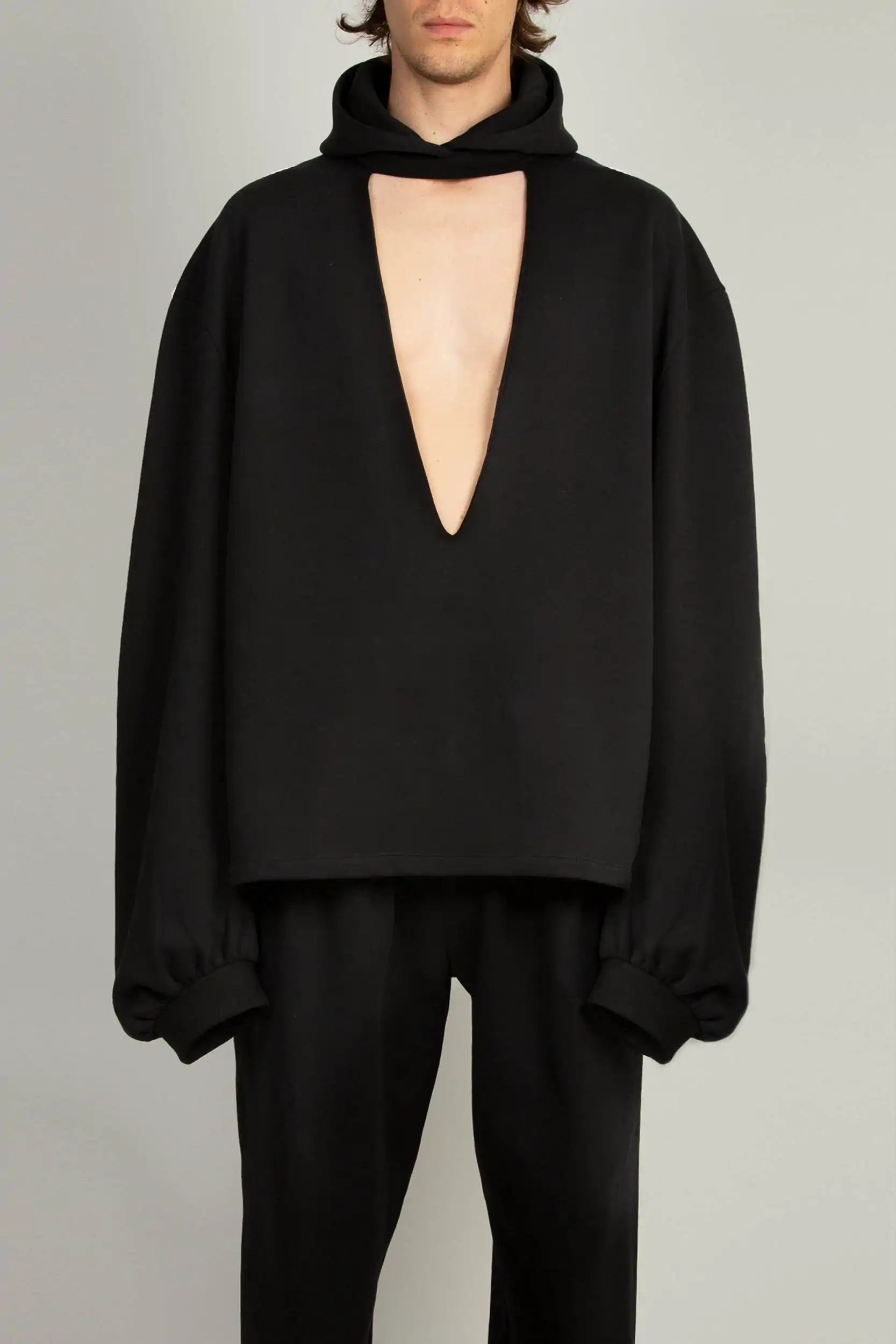 Random Identities Cutout Hoody in Black jersey with cutout details and drawstring hood