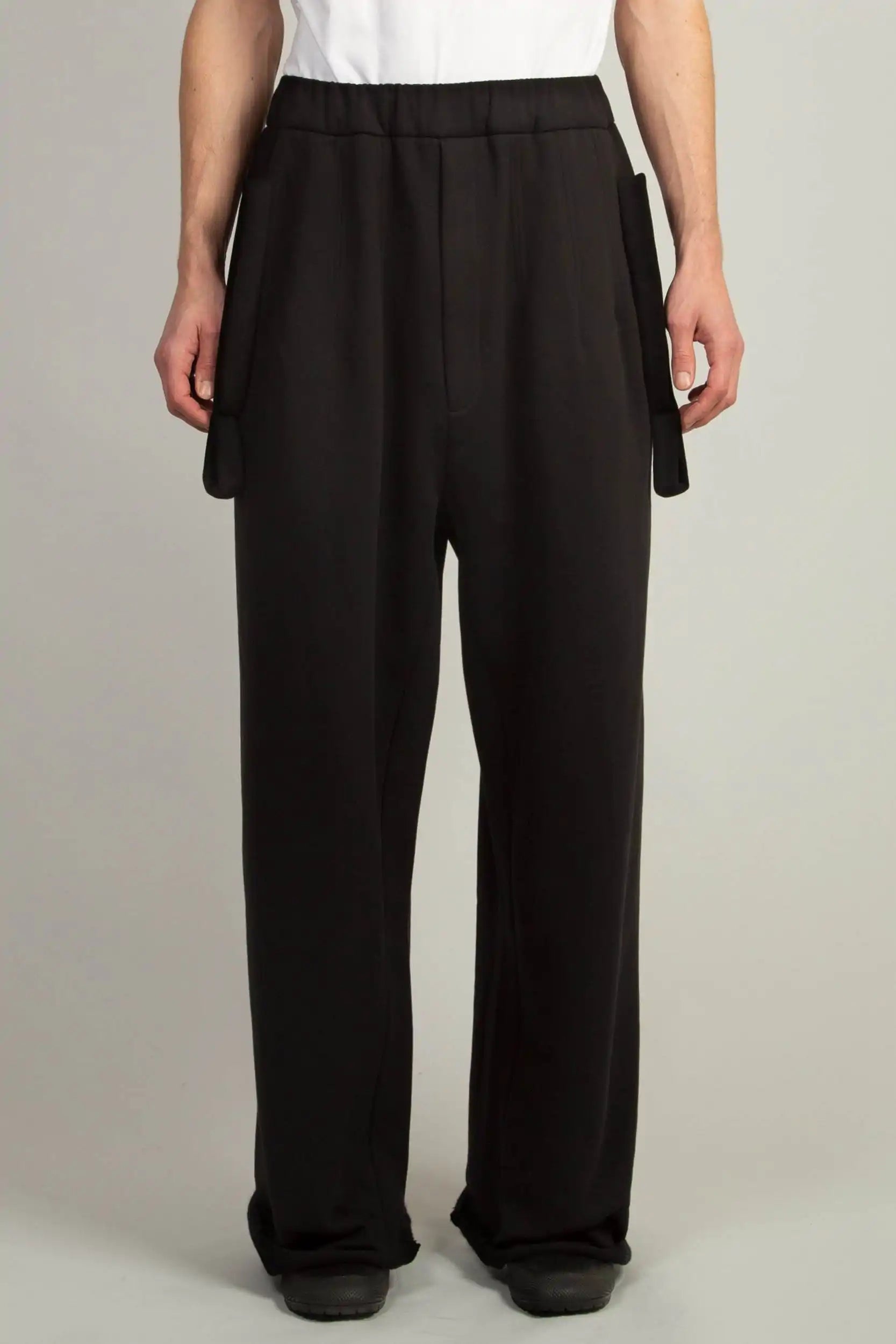 Random Identities Wide Sweatpant in Black, wide leg cotton sweatpant with no side seam, front view