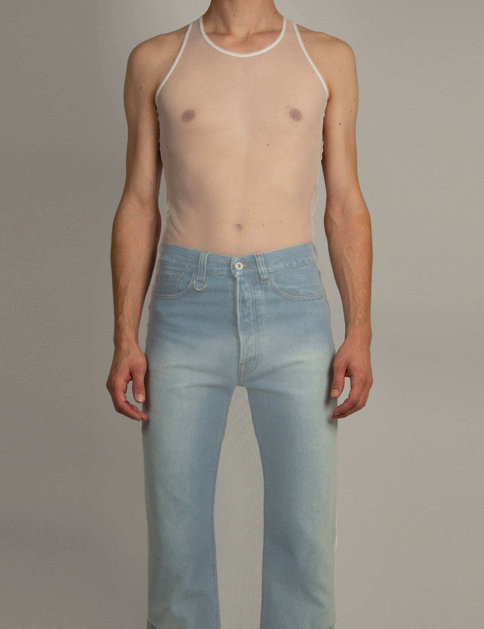 Random Identities Long Tank Top in White with mesh racer back and raw edge hem