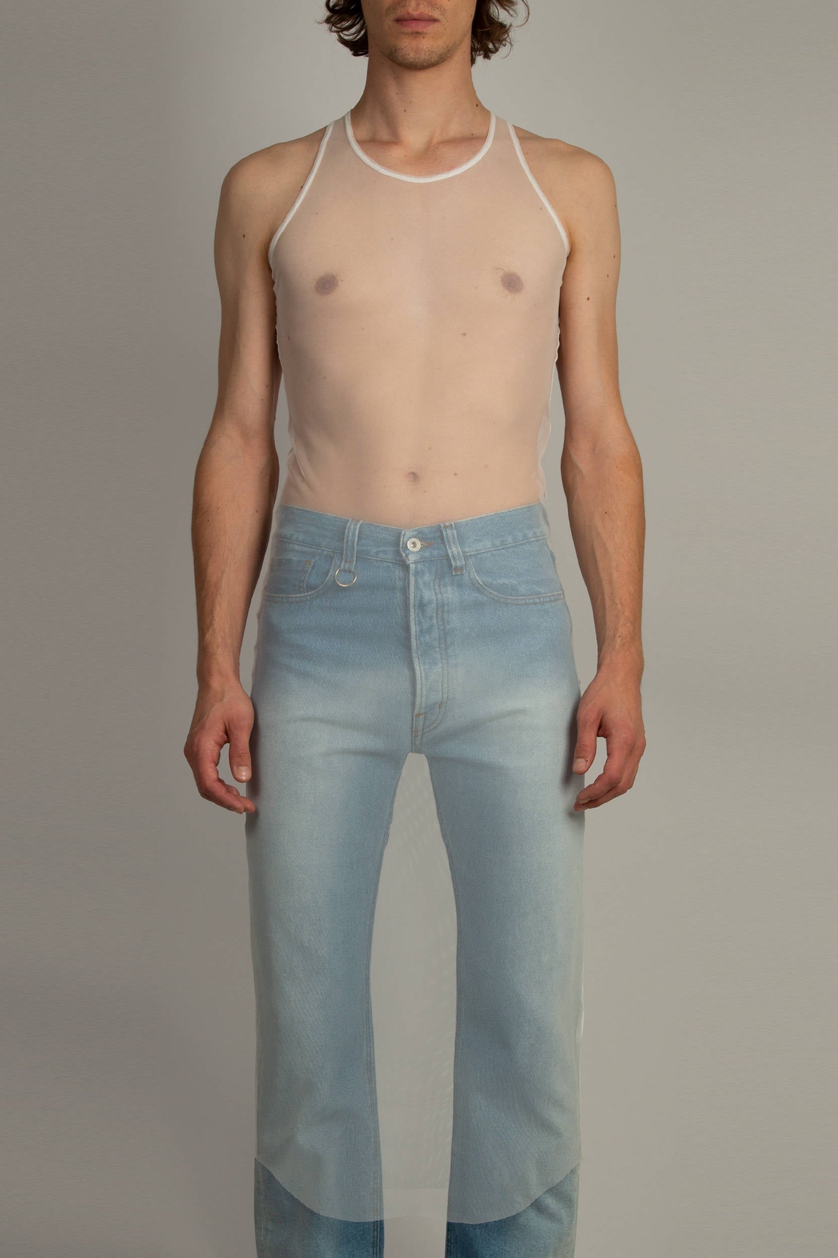 Random Identities Long Tank Top in White with mesh racer back and raw edge hem