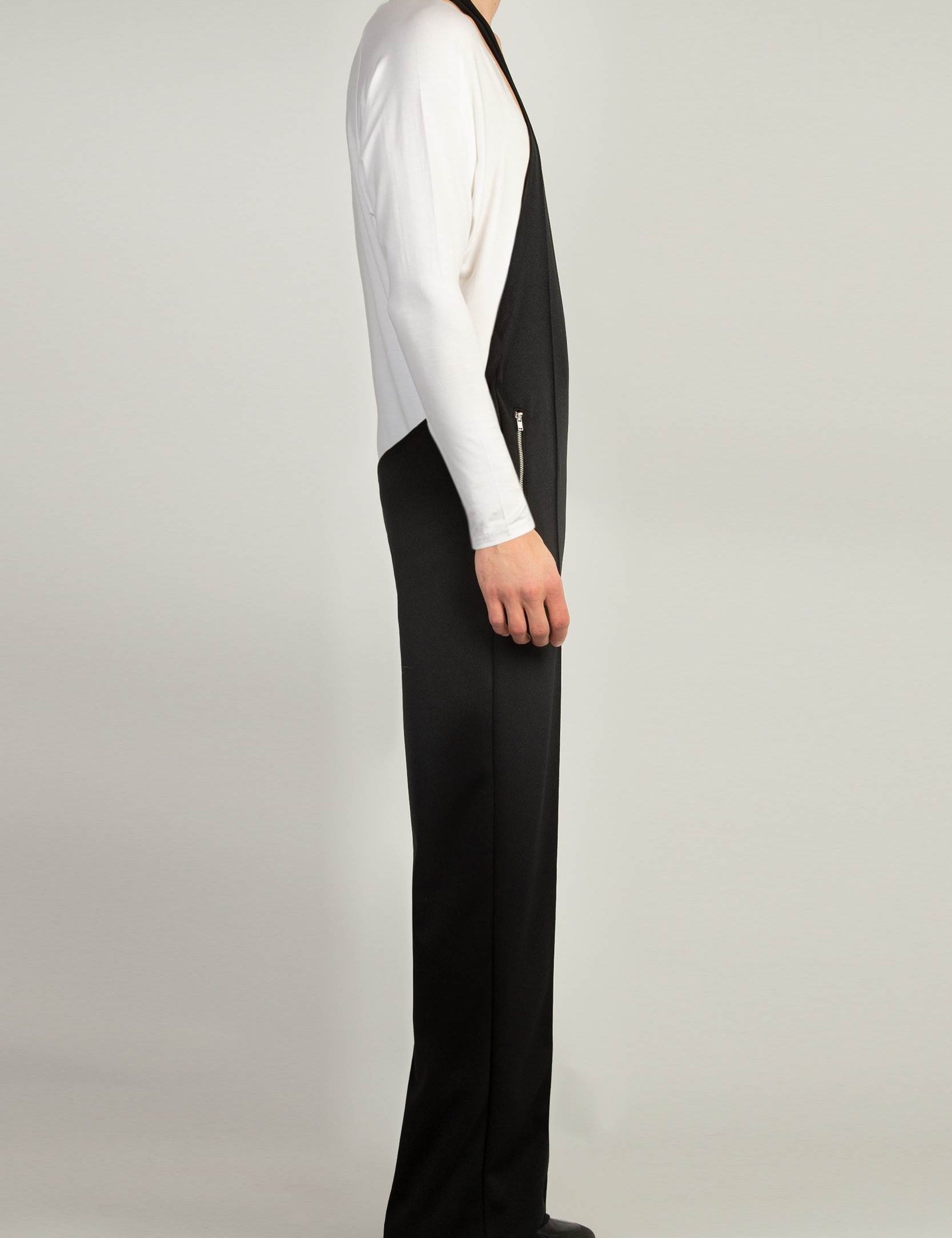 Black jersey halter neck jumpsuit with tailored pin tuck lines