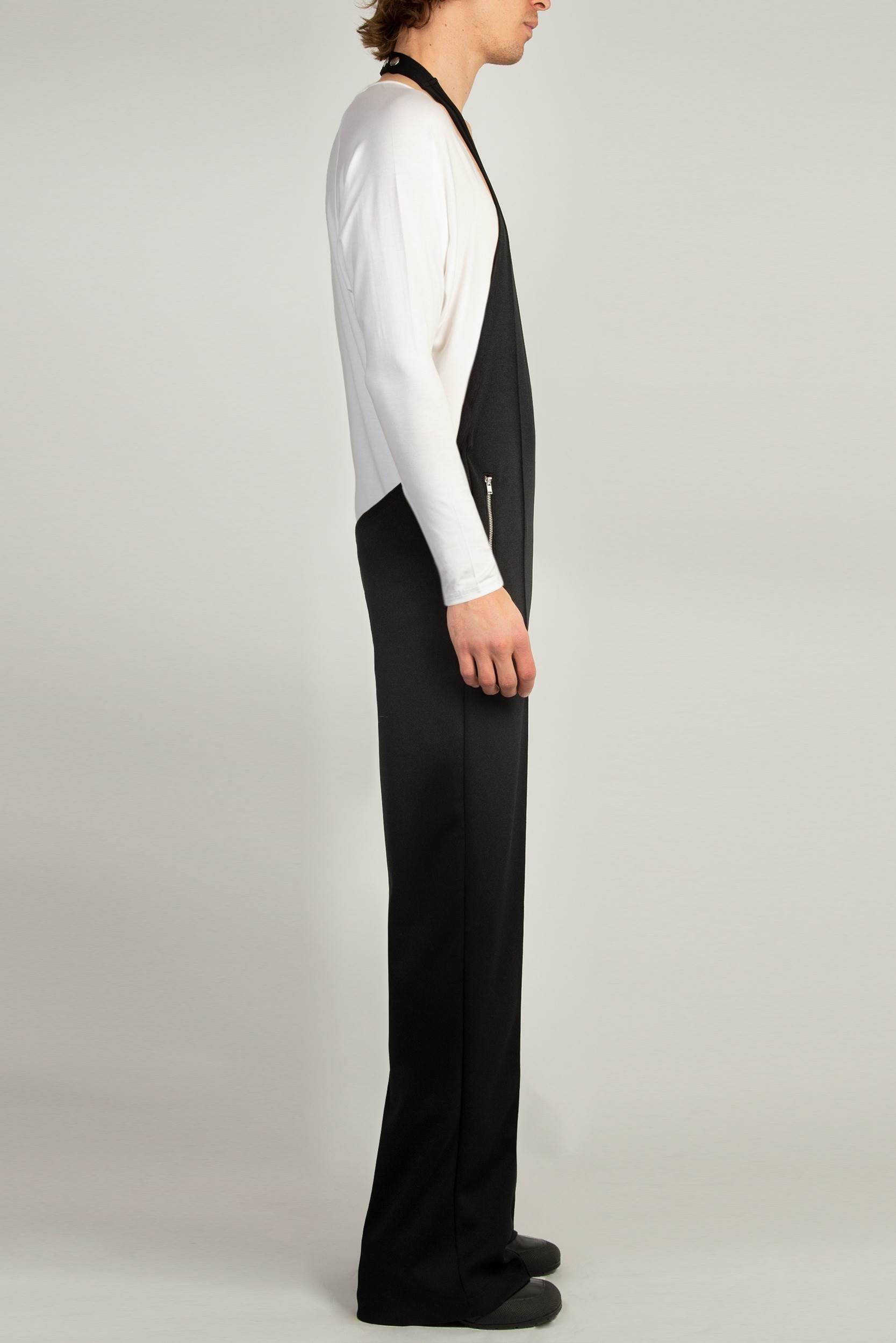 Black jersey halter neck jumpsuit with tailored pin tuck lines