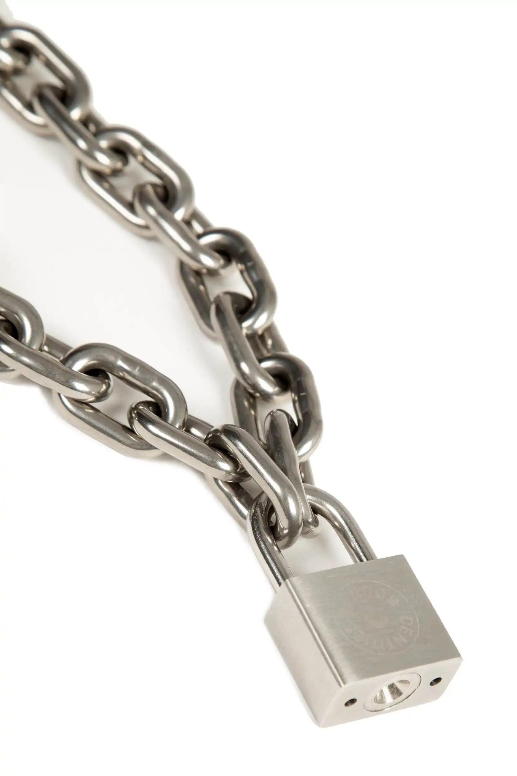 Steel surgical steel lock chain necklace featuring engraved padlock pendant