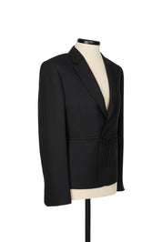 Black gabardine micro blazer by Random Identities. slim fit with notch lapel and coulisse detail