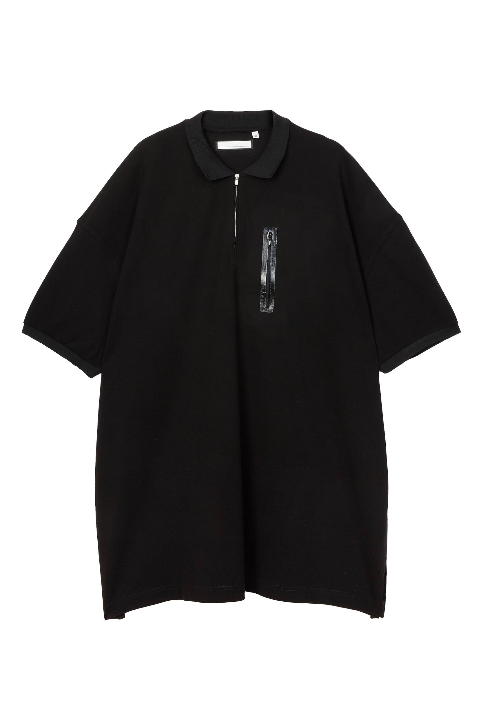 Random Identities Maxi Polo in Black. maxi-fit piqué polo with covered zip opening, flat-knit collar and zip chest pocket