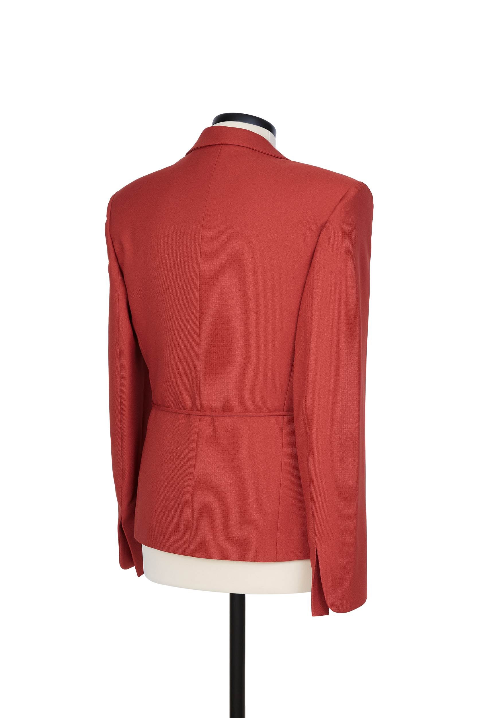 Random Identities micro blazer in Rust. self‑fabric coulisse tie, gabardine texture, slim fit